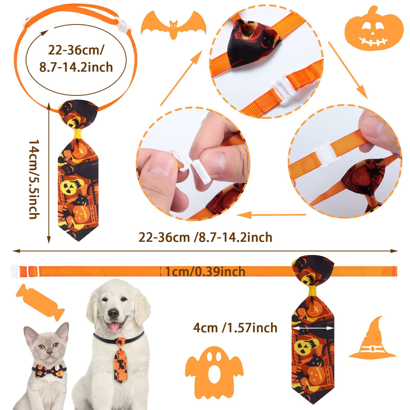 60 Pcs Halloween Dog Bows & Collars - Adjustable Pumpkin Ghost Bow Ties for Small Medium Dogs - 24 Neckties & 24 Bowties with 12 Bowknots - Perfect for Halloween Pet Costumes, Parties & Photo Shoots