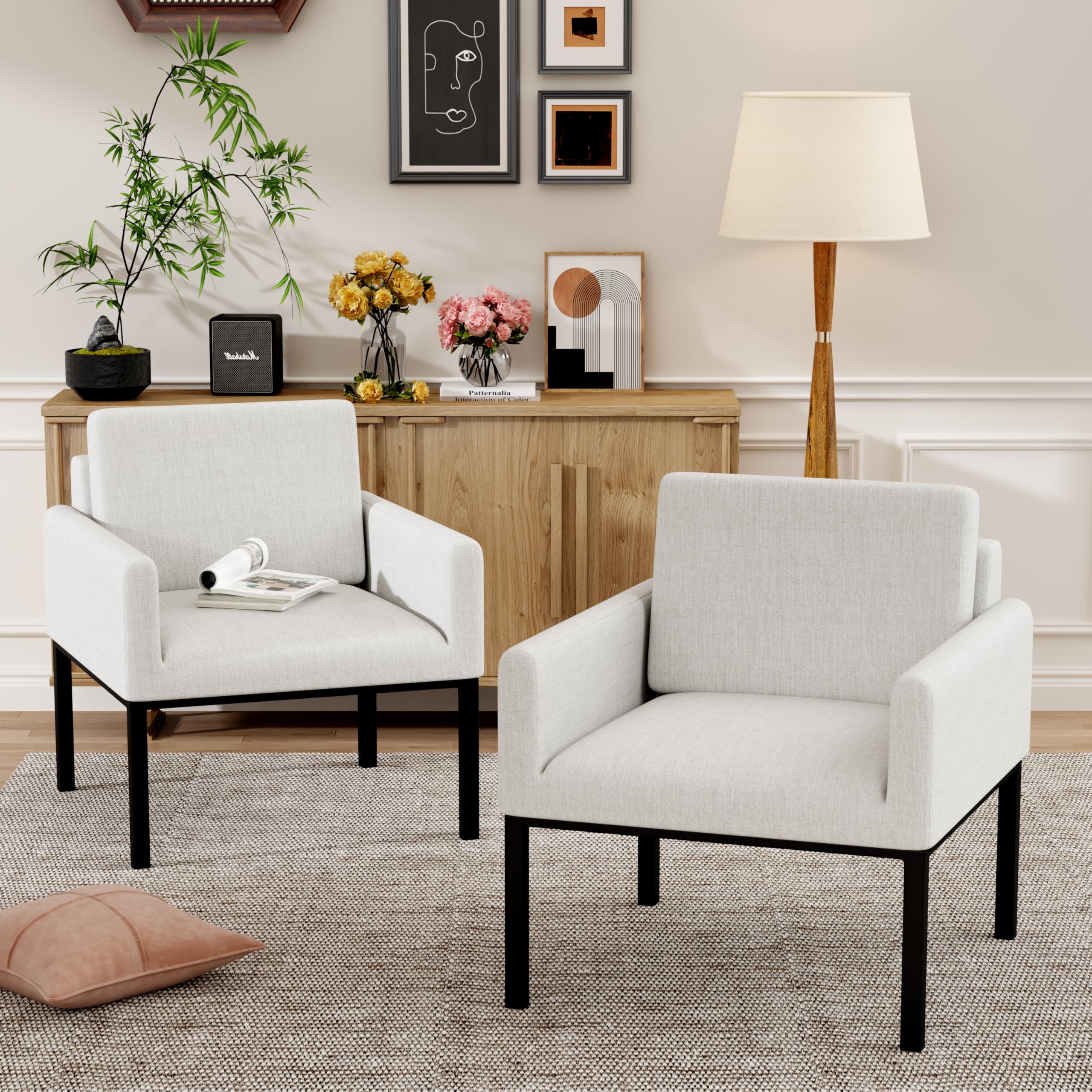 Andeworld Mid Century Modern Accent Chair - Grayish White Upholstered Armchair for Living Room, Bedroom & Apartment - Perfect for Reading, Lounging & Relaxing - Elegant Home Decor & Comfortable Seating Solution