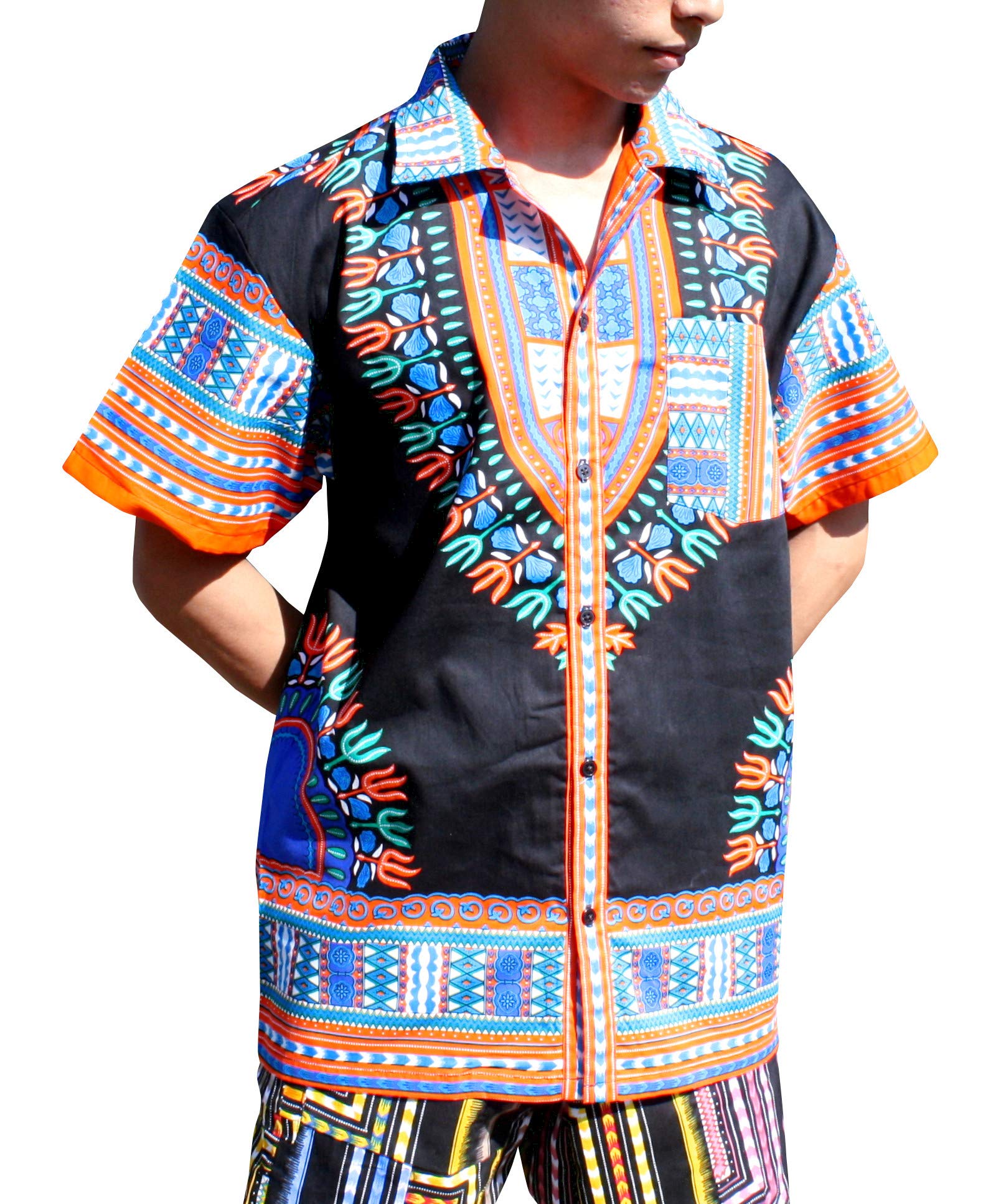 RaanPahMuang Men's Hawaiian Shirt - 100% Cotton African Dashiki Print Shirt with Large Collar | Beach Vacation, Summer Party & Casual Wear