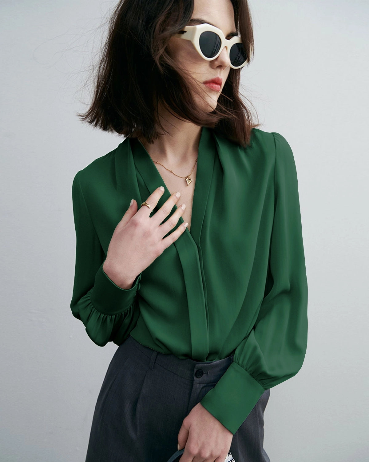 Elegant Deep V Neck Silk Blouse for Women - Luxury Satin Blouse for Office, Party & Date Night - Flowy Long Sleeve Silk Top for Professional & Evening Wear