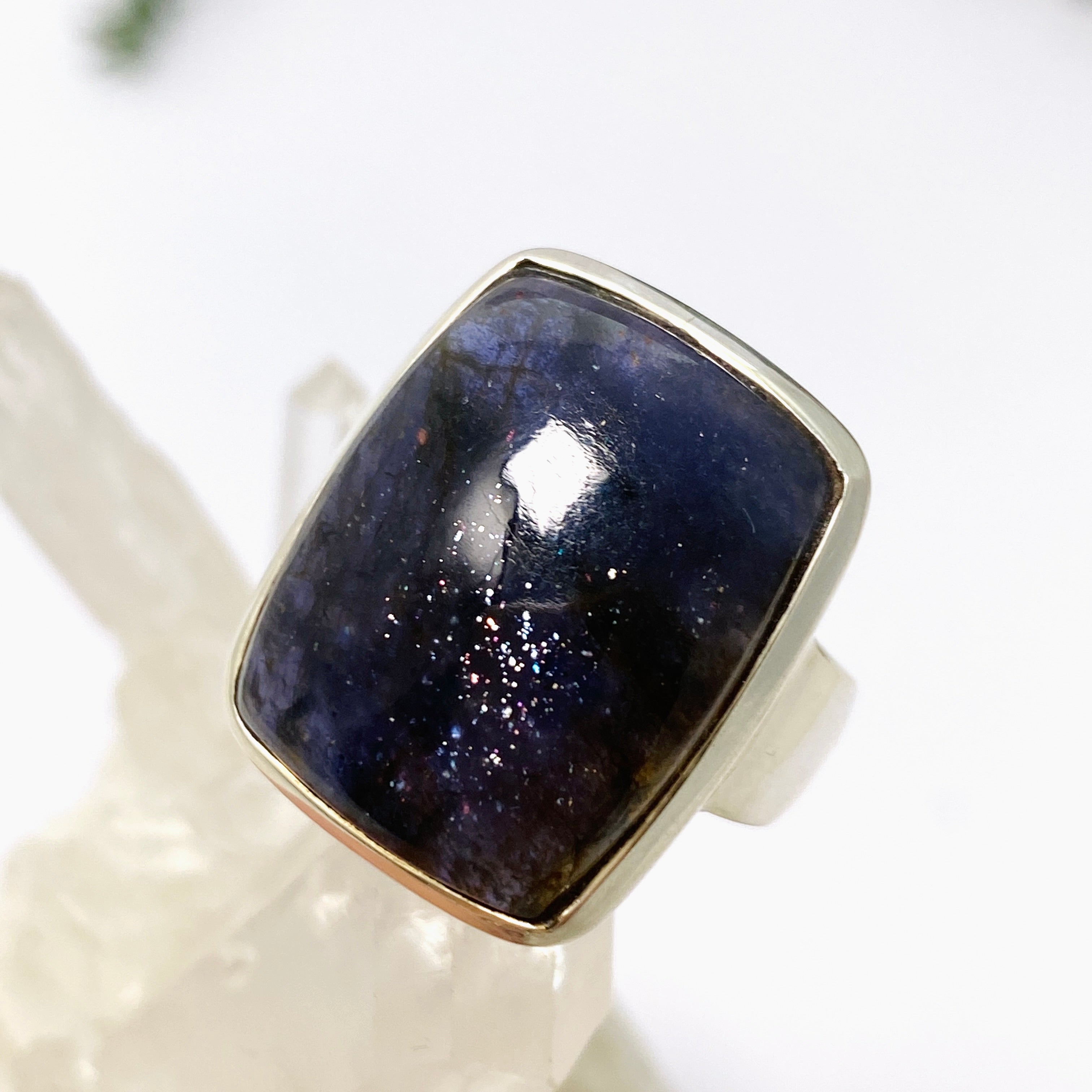 Iolite Sunstone Rectangular Cabochon Ring - Size 8 - Handmade Sterling Silver Jewelry - Perfect for Weddings, Parties & Everyday Wear