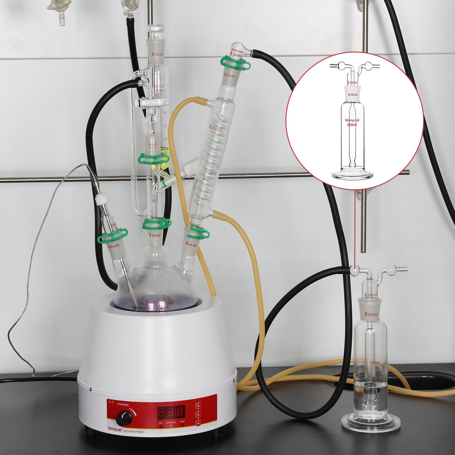 Stonylab Gas Washing Bottle - 250ml Borosilicate Glass with 29/32 Standard Joint & 8mm Serrated Hose - Ideal for Chemistry Labs, Gas Purification & Science Experiments