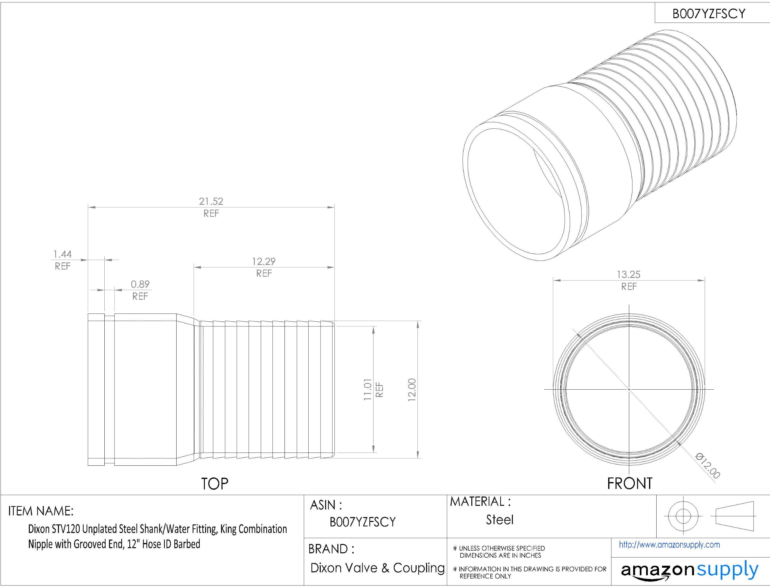 **Dixon STV120 Unplated Steel Shank Water Fitting - King Combination Nipple with Grooved End, 12