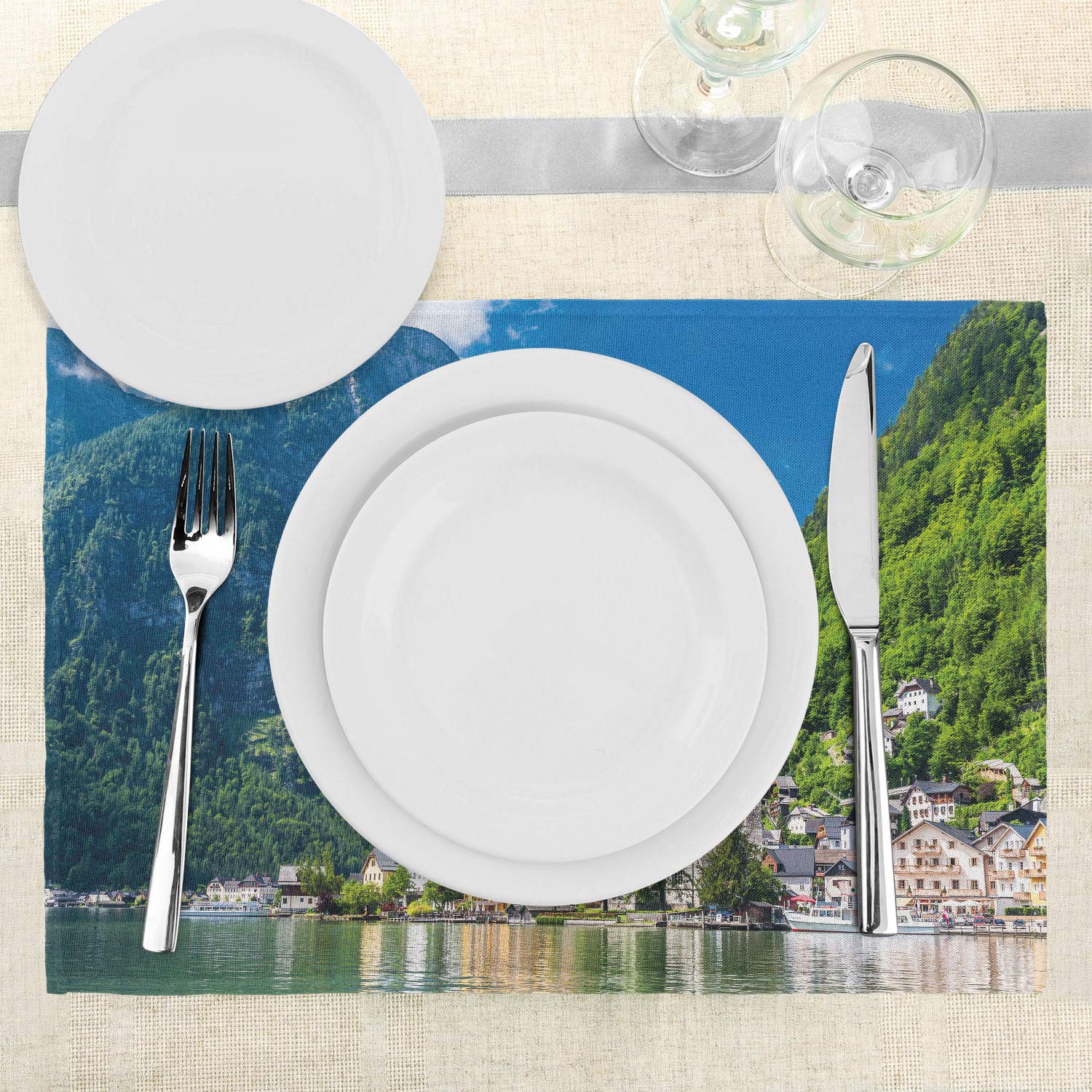 Ambesonne 4-Piece Landscape Placemats Set - Hallstatt Austria Mountain Forest Town Scenery with Blue Sky - Washable Fabric Table Mats for Dining Room & Kitchen Decor in Green, Blue, White | Perfect for Dinner Parties, Holiday Gatherings & Home Decor