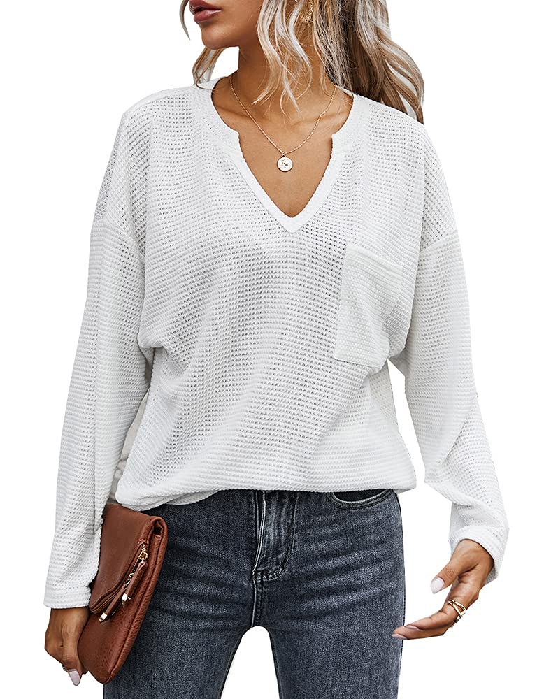 Women's Long Sleeve Waffle Knit V-Neck Blouse with Pockets - Casual Loose Fit Pullover Tunic Top for Fall & Winter | Perfect for Layering, Office Wear & Weekend Outfits