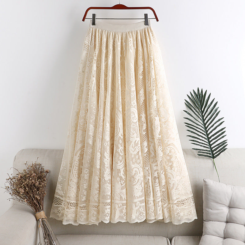 Women's High Waist Hollow Lace Swing Skirt - Mid-Length A-Line Skirt for Autumn & Winter | Perfect for Office, Date Night & Holiday Parties