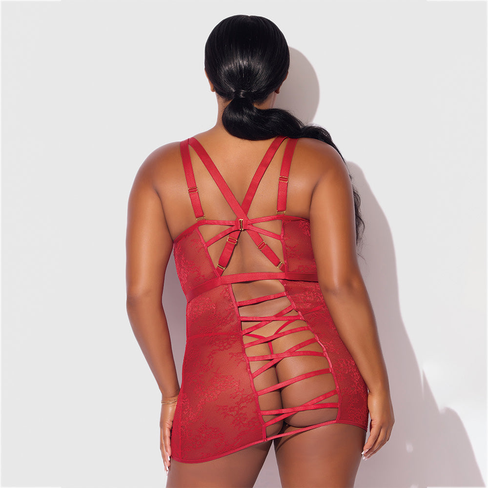House of Desire Kiki Strappy Back Lace Chemise & G-String Set for Curvy Women - Sexy Lingerie for Romantic Nights & Special Occasions