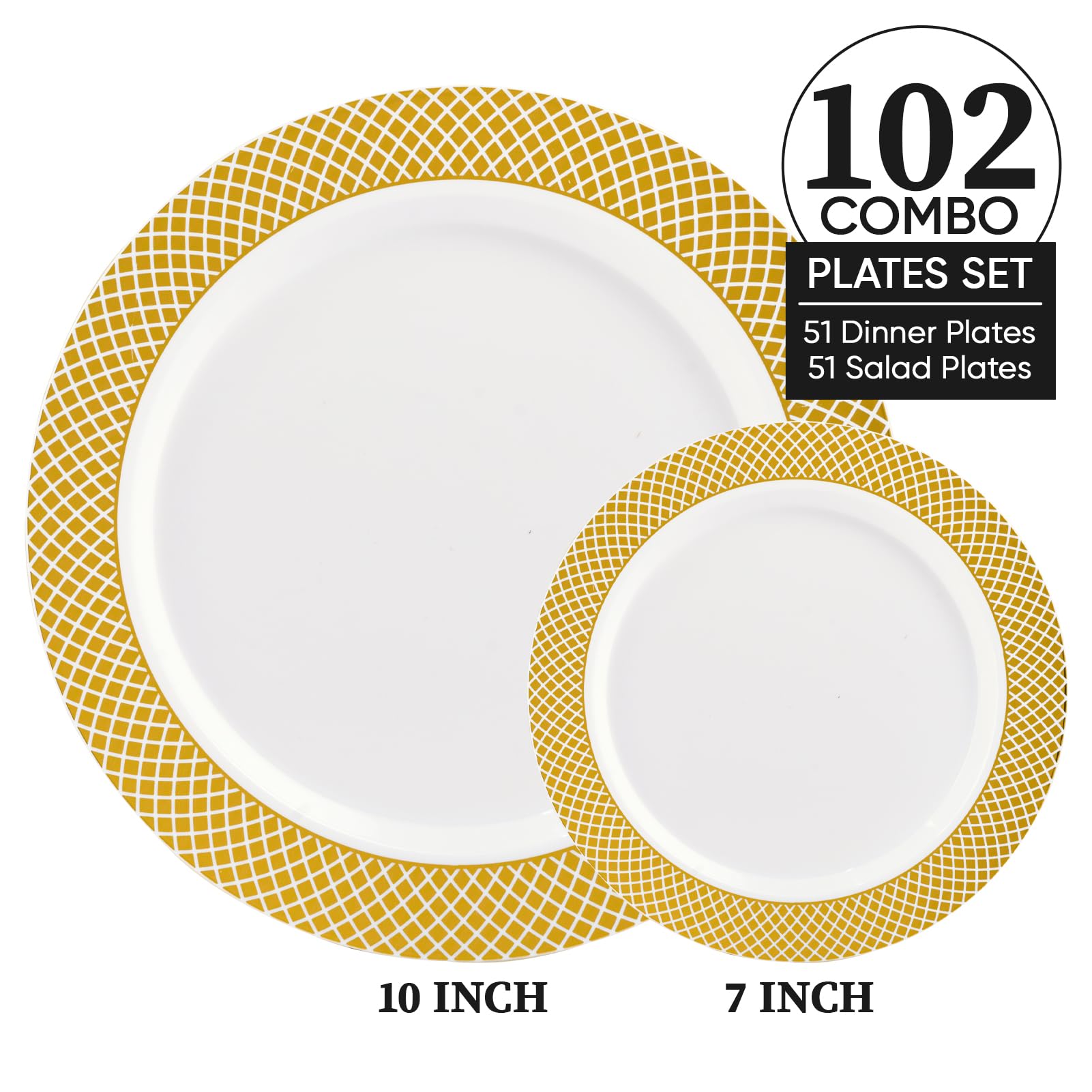 FOCUSLINE 102-Pack Gold Plastic Plates Set - 51 Elegant 10