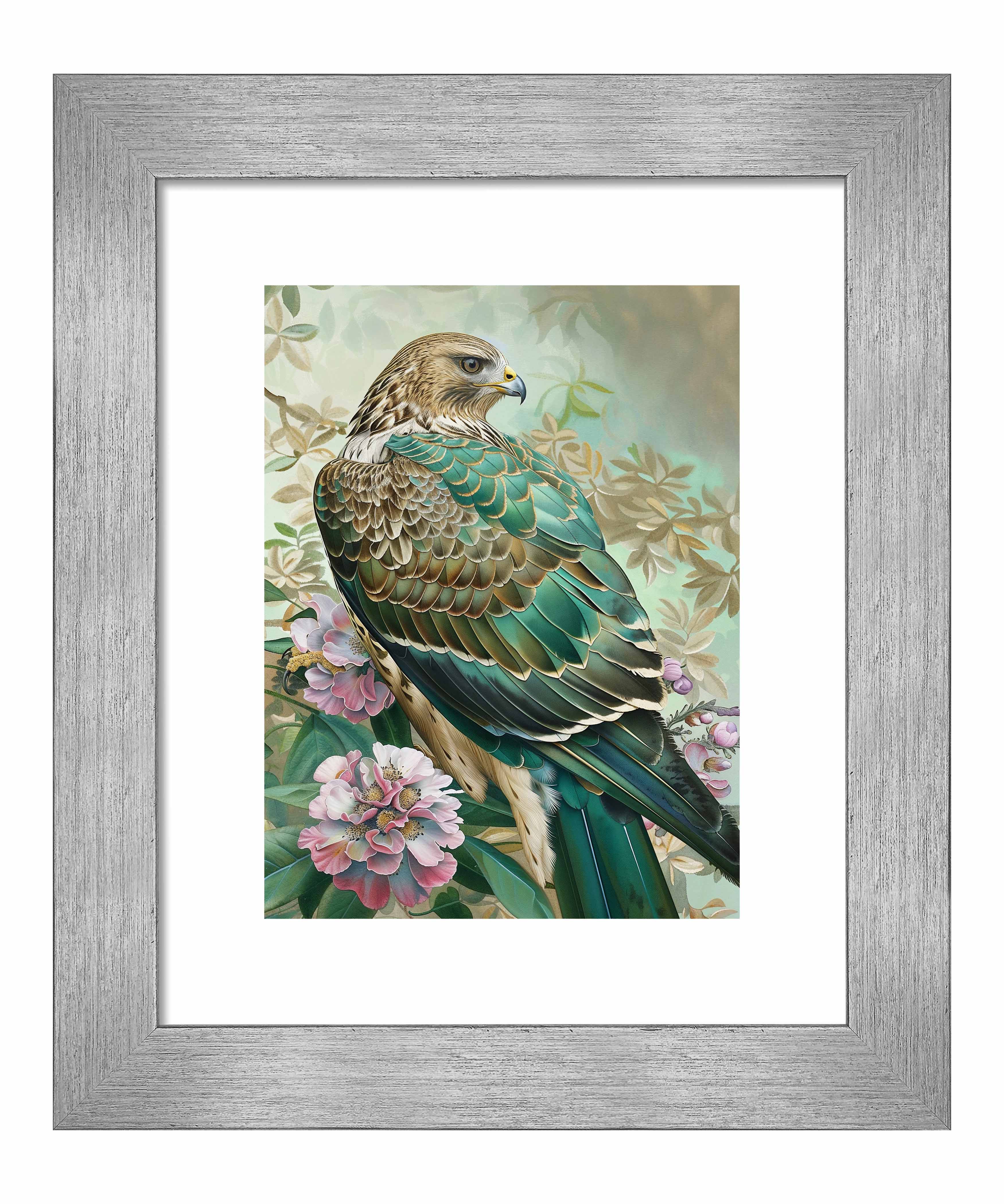 Emerald Majesty Hawk Amidst Blossoms Wall Art Print - Stunning Nature Wildlife Decor for Living Room, Bedroom & Office