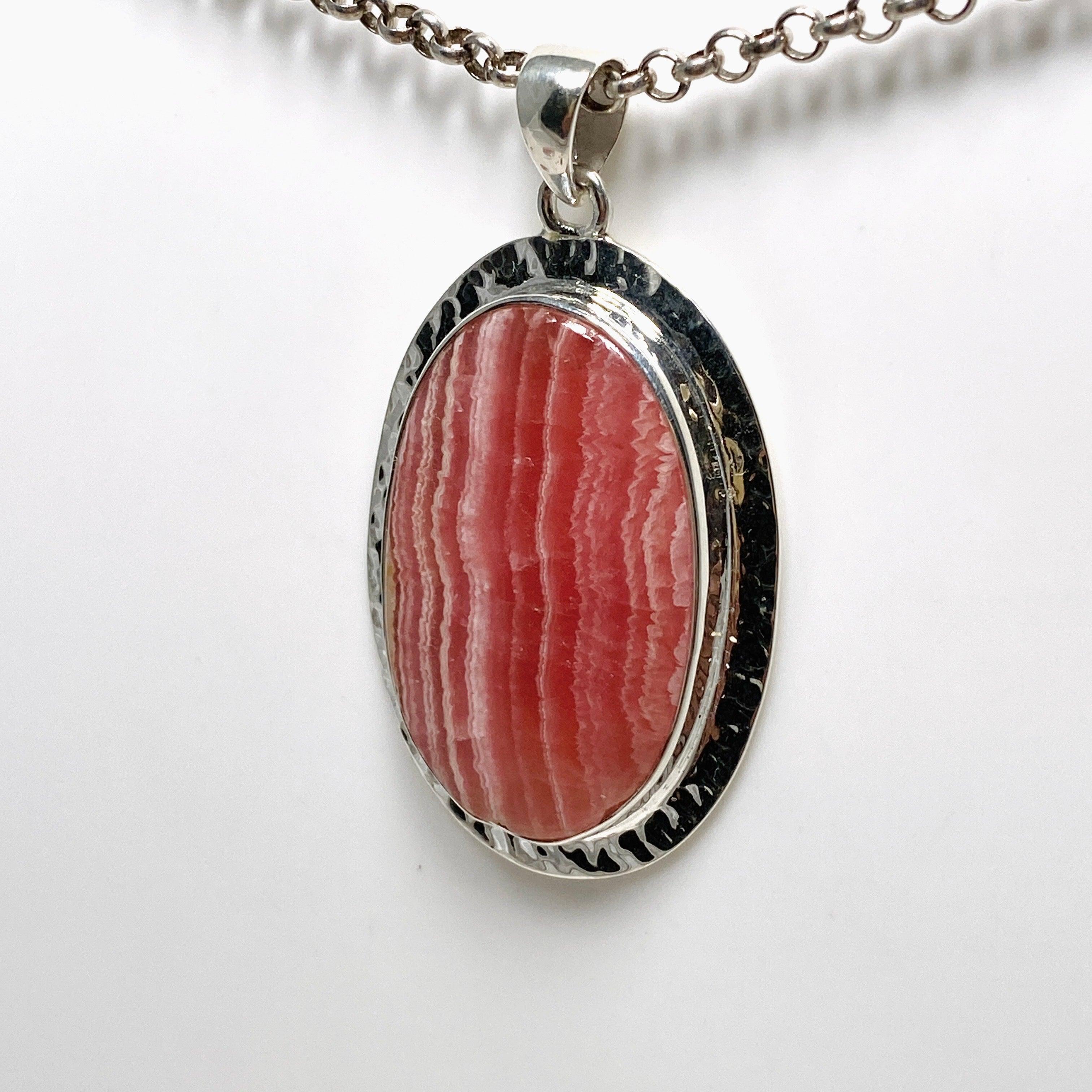 Rhodochrosite Oval Pendant Necklace - Handcrafted Hammered Sterling Silver Setting KPGJ4320 | Elegant Jewelry Gift for Women, Perfect for Weddings & Special Occasions
