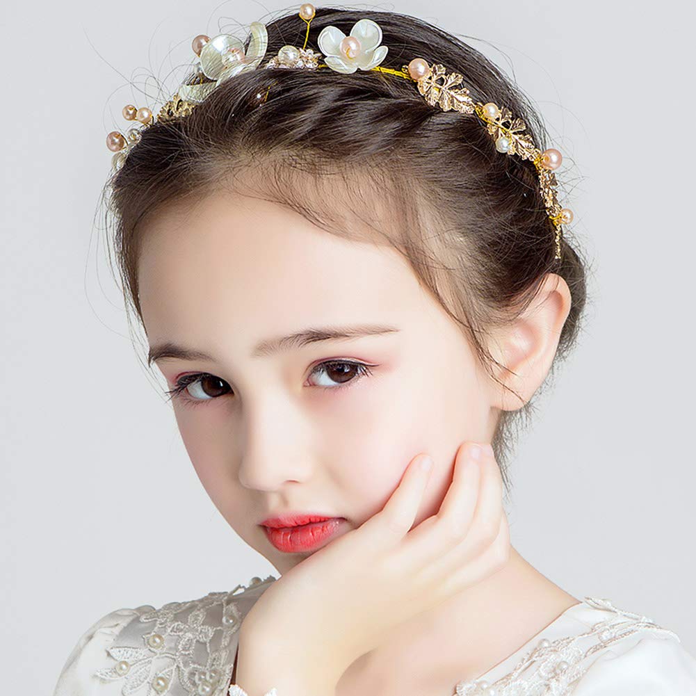 PRDGIRL Floral Pearl Tiara Headband for Girls & Women - Gold Wedding Hair Accessories for Flower Girls, Bridesmaids, First Communion, Princess & Bridal Events - Elegant Headpiece for Special Occasions