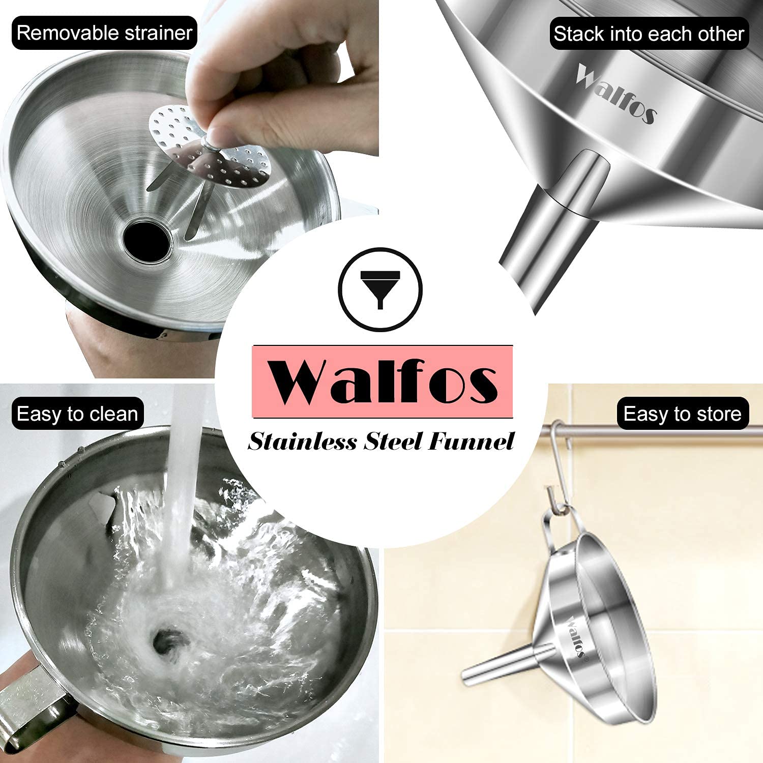 Walfos Large Stainless Steel Kitchen Funnel with 2 Removable Strainers & Cleaning Brush - 5.7