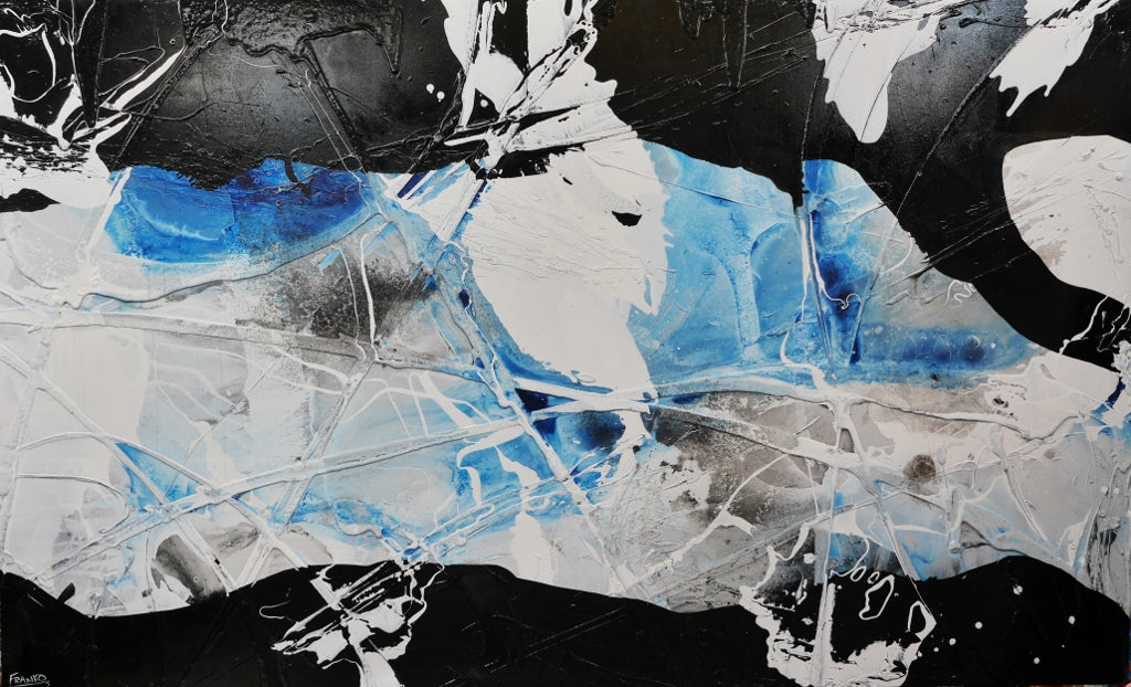 Blue Black White Textured Abstract Painting - 280cm x 170cm Shredded Powder Artwork for Modern Living Room & Office Wall Decor