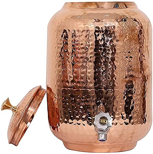 Hammered Copper Water Dispenser & Storage Pot - 4L/5L/7L/8L Capacity with 1 Tank, 2 Glasses & 1 Bottle (7L Set) | Traditional Matka Vessel for Home, Office & Outdoor Use | Natural Water Cooling & Purification