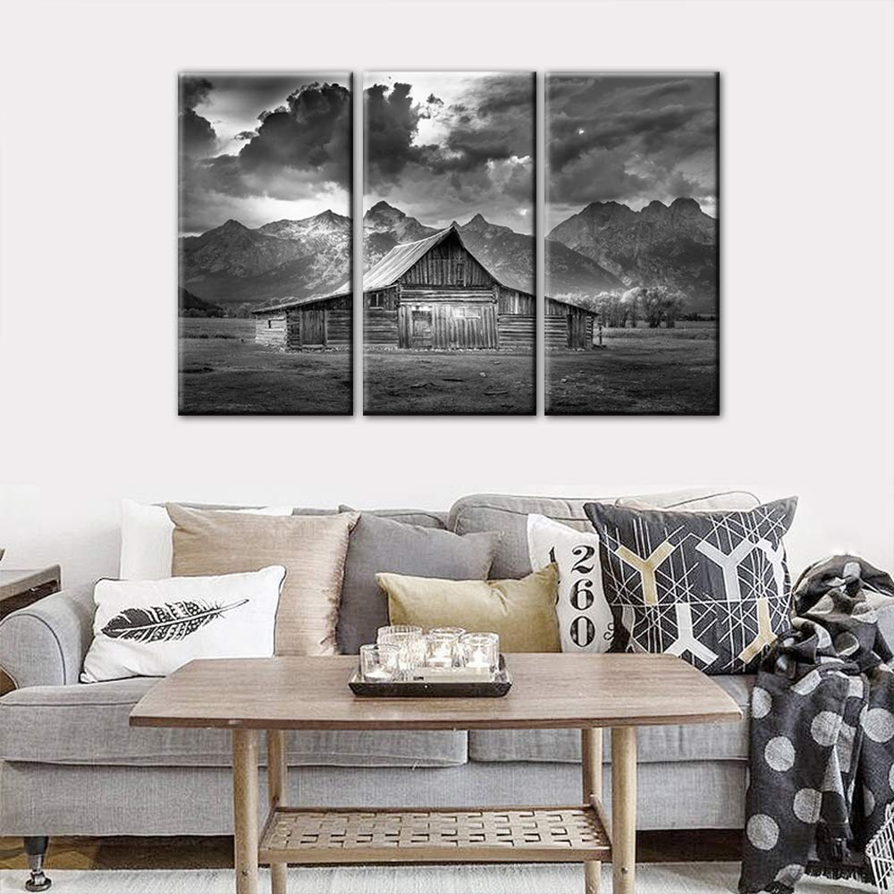 Large Rustic Wall Art Panels - 3-Panel Black and White Mormon Row Canvas Painting (28''x42'') Framed & Ready to Hang | Modern Cabin Decor for Living Room, Bedroom & Office