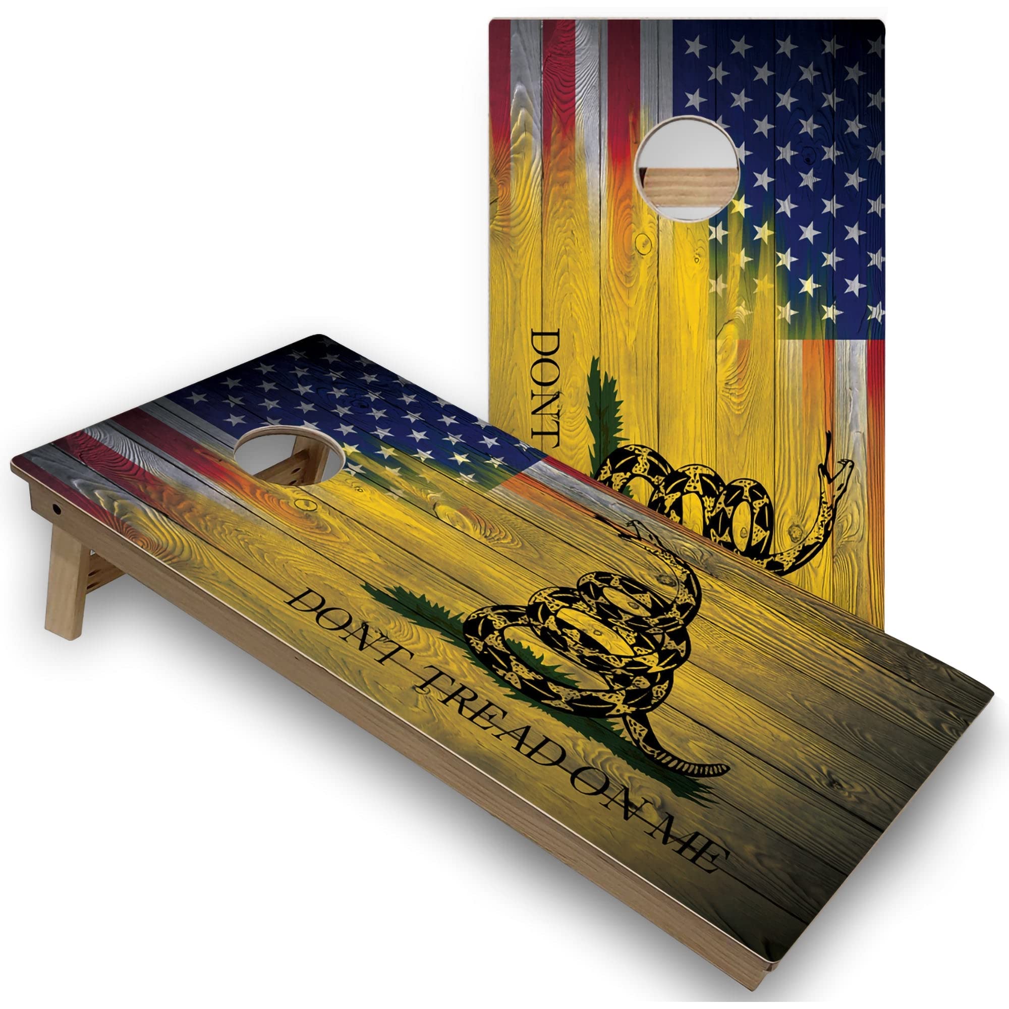 Gadsden & USA Flag Regulation 2x4 Corn Hole Board Game Set with 8 Bean Bags - Outdoor Lawn Games for Backyard, Tailgating & Picnic Parties