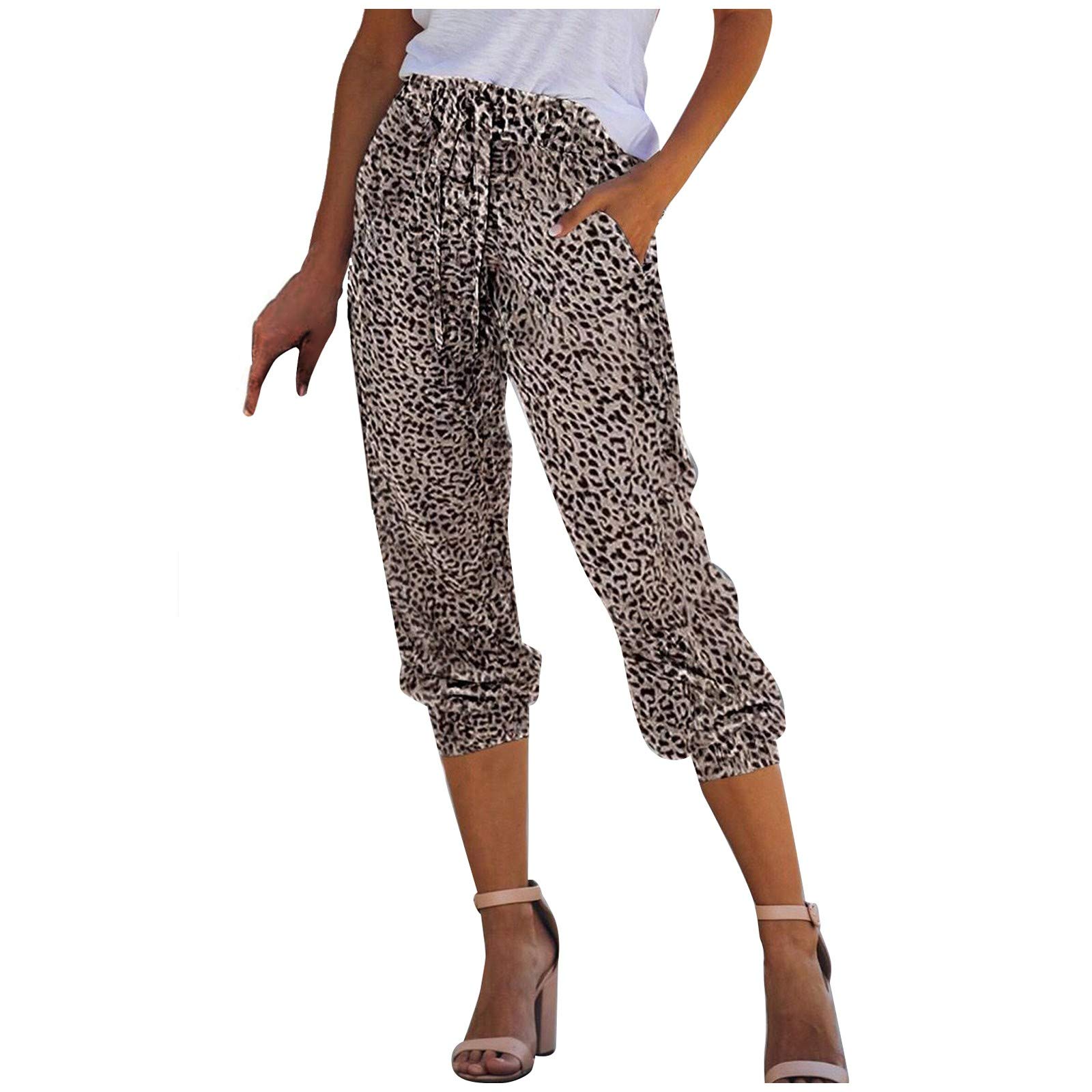 Women's High Waist Elastic Workout Pants with Pockets - Stretchy Lounge Sweatpants in Leopard/Snake Print (Brown, XXL) - Perfect for Yoga, Gym & Casual Wear