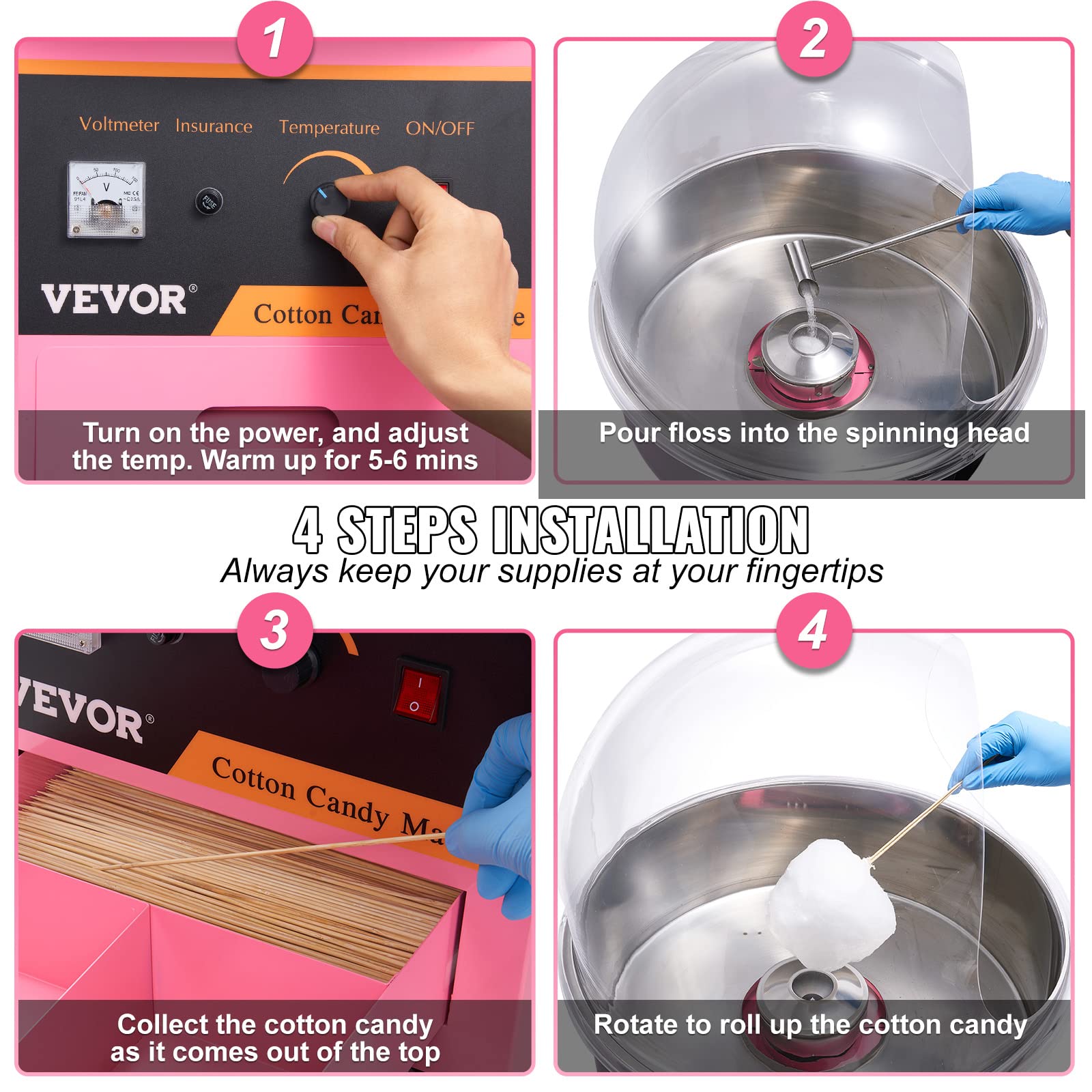 VEVOR Commercial Cotton Candy Machine with Cover - Electric Floss Maker with Stainless Steel Bowl, Sugar Scoop & Storage Drawer - Perfect for Home, Parties, Carnivals & Events (Pink)