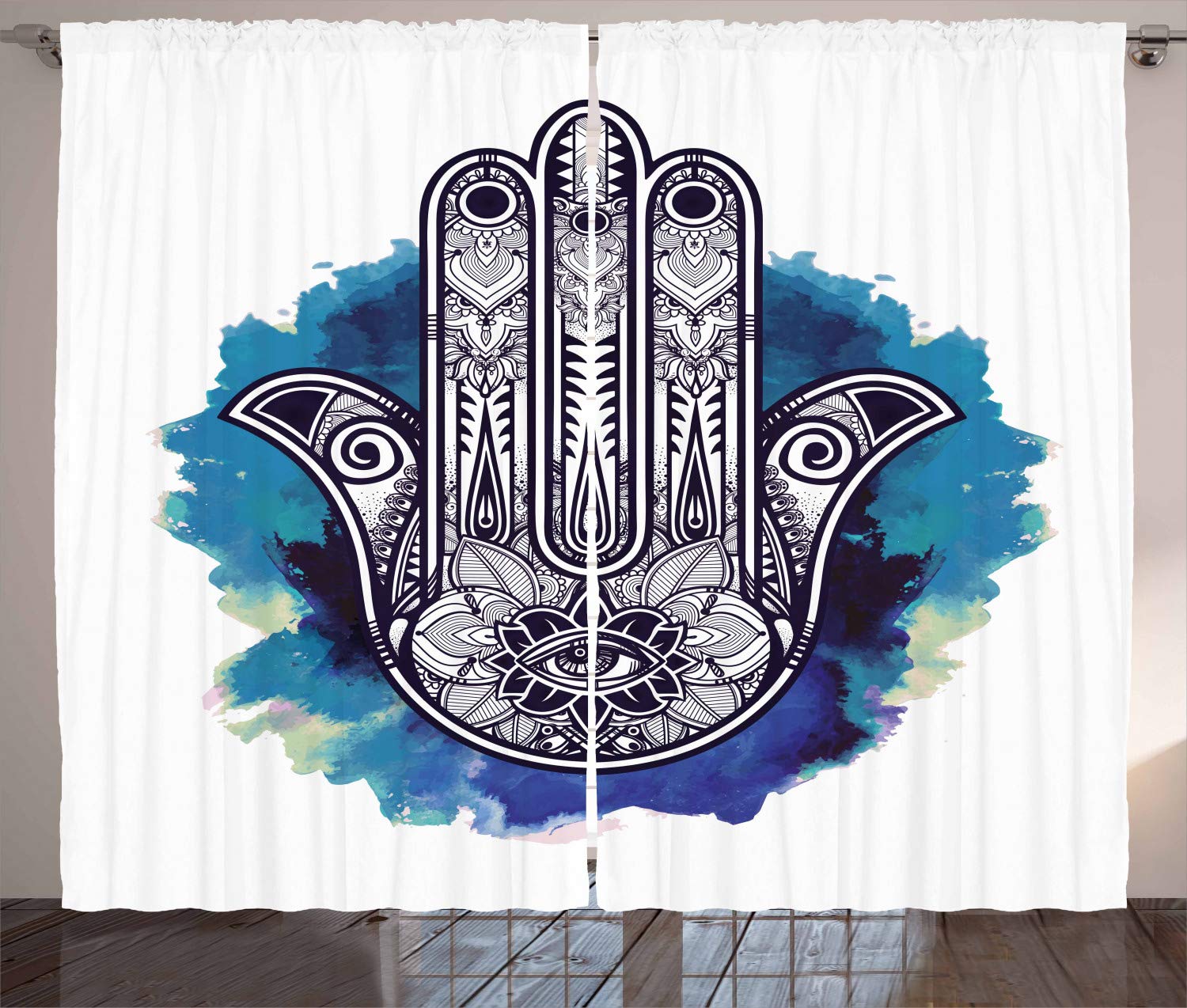 Ambesonne Evil Eye Curtains with Hamsa & Watercolor Floral Design - 2 Panel Window Drapes 108