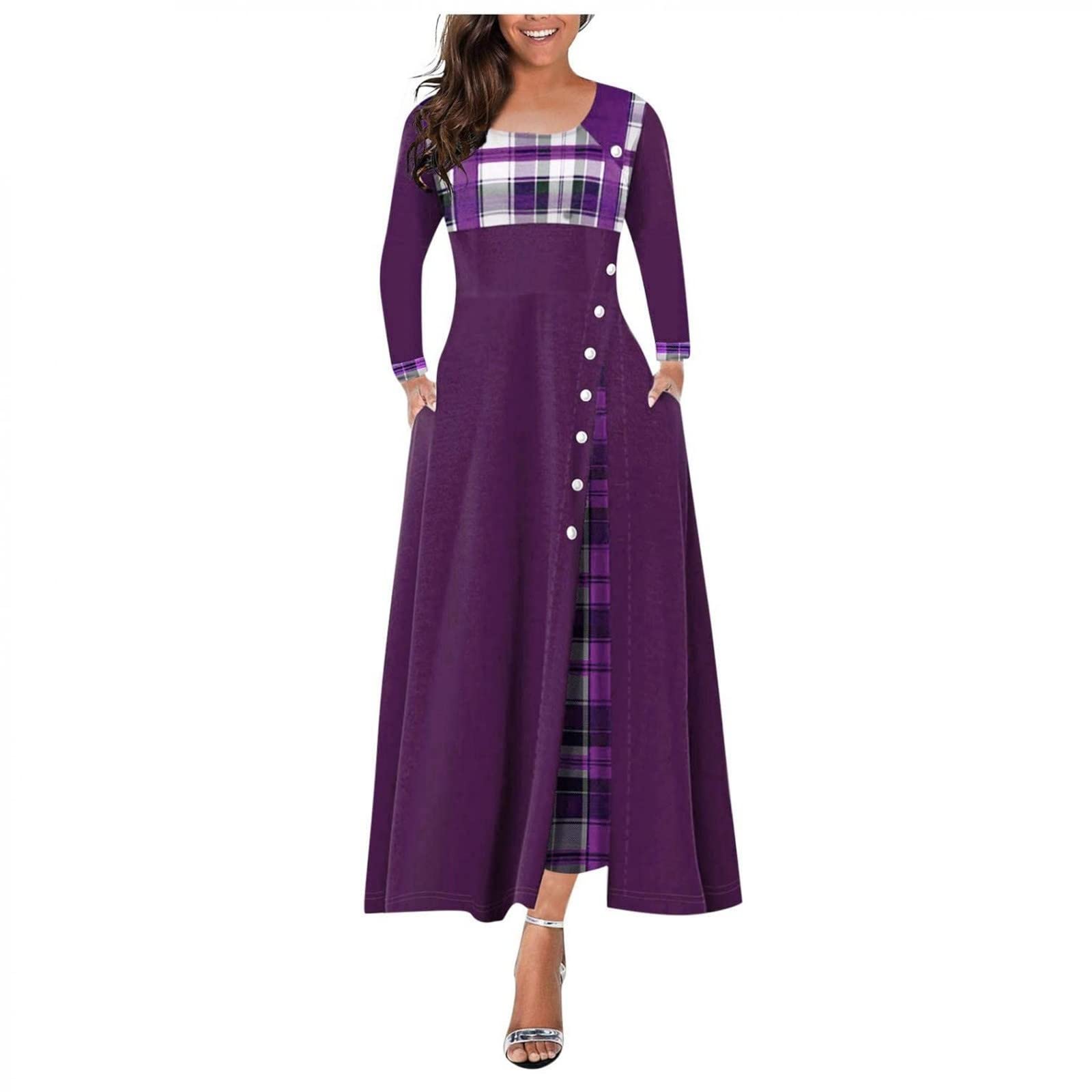 2024 Plus Size Winter Dresses for Women - Plaid Patchwork Long Sleeve Maxi Dress with Fall Buttons | Wedding Guest, Holiday Party & Christmas Formal Attire | Perfect for Office Parties, Family Gatherings & Special Occasions