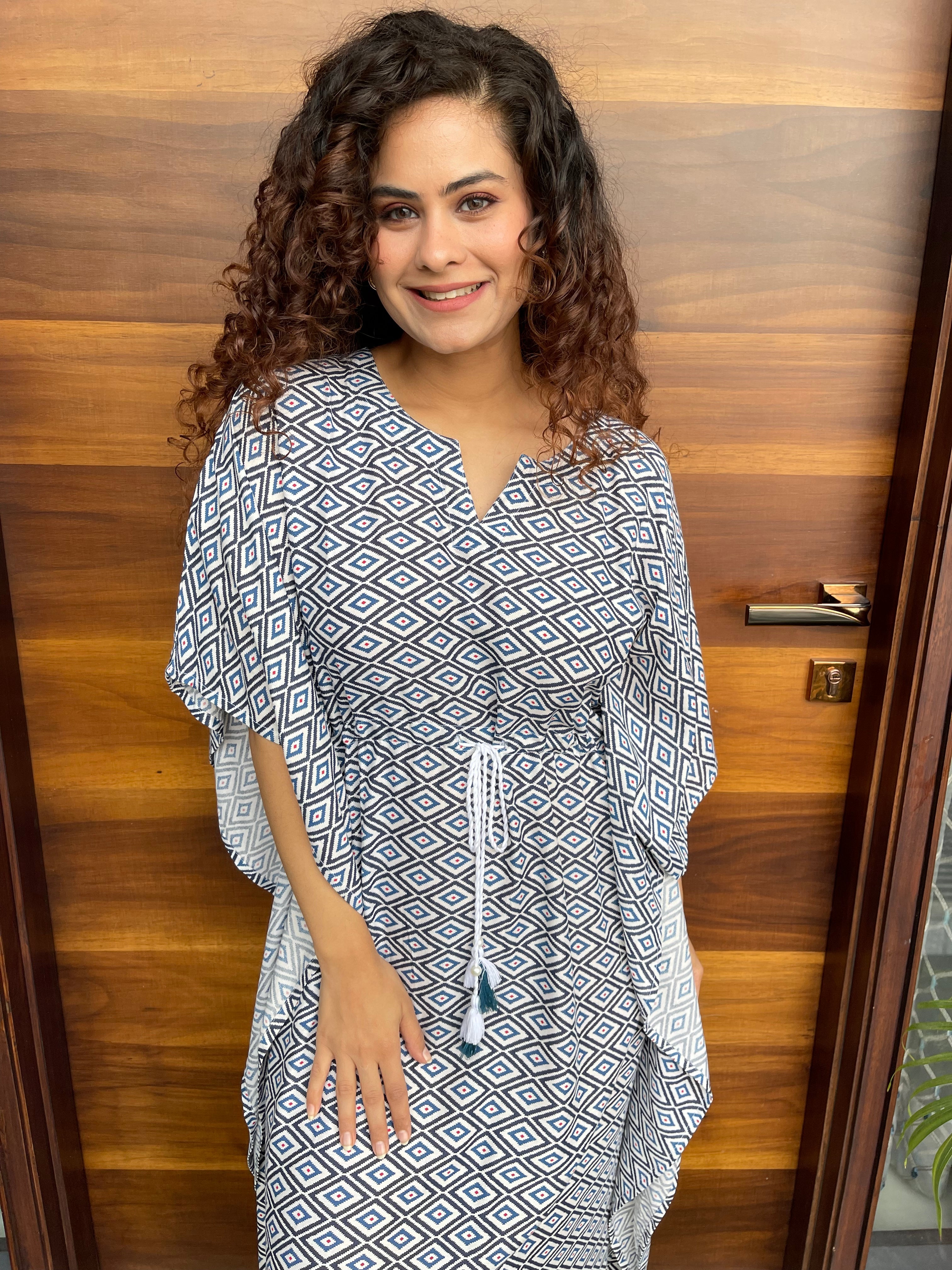 Soft and Comfortable Blue Cotton Kaftan Dress for Women - Perfect for Beach, Lounge, and Summer Vacation Wear