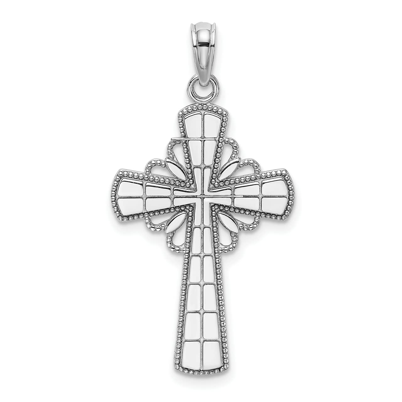 14K White Gold Beaded Edge Grid Accent Cross Charm Necklace - Elegant Religious Jewelry for Women, Perfect for Gifts, Church, and Everyday Wear