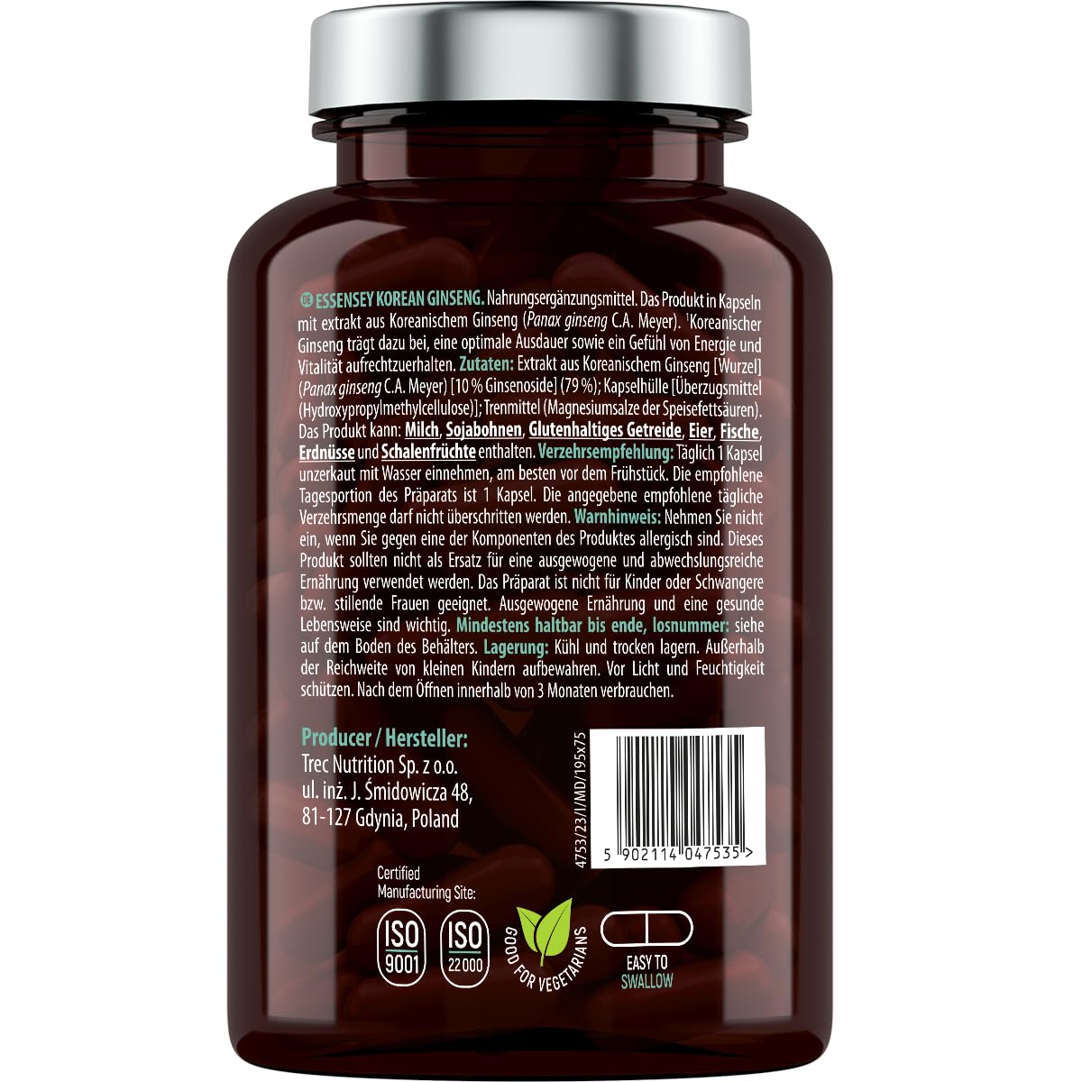 Essensey Korean Ginseng Extract 500mg - 90 Capsules for Energy Boost & Immune Support | Herbal Supplement for Daily Wellness & Vitality