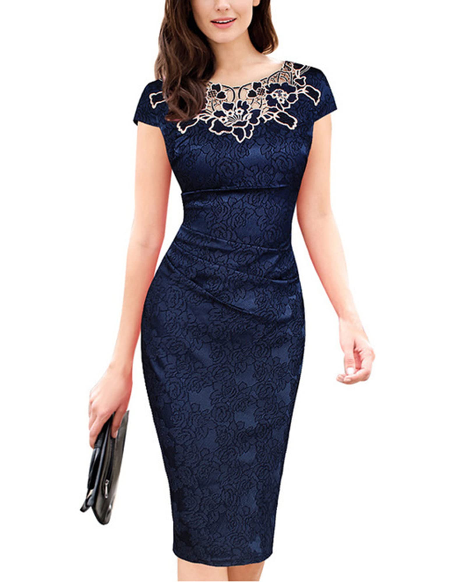 Vintage Elegant Floral Lace Cocktail Dress for Women - Knee Length Bodycon Midi Dress for Party, Wedding, Date Night & Special Occasions