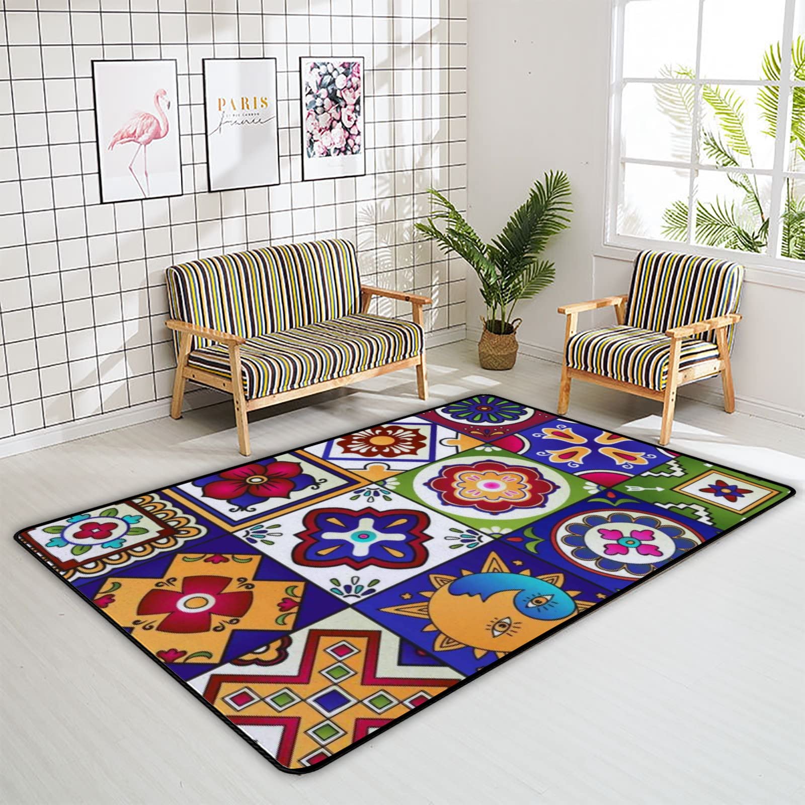 Large Non-Slip Mexican Pattern Area Rug 72x48 Inch - Soft Floor Carpet for Living Room, Bedroom, Nursery & Playroom - Perfect for Yoga, Kids Play Area and Home Decor