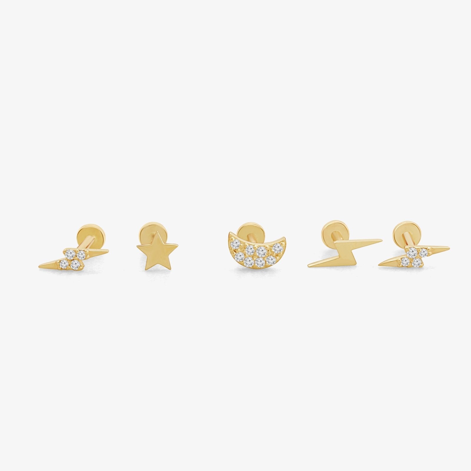 14k Yellow Gold Lightning Bolt Flat Back Stud Earrings - Perfect for Everyday Wear, Gifts & Punk Rock Fashion