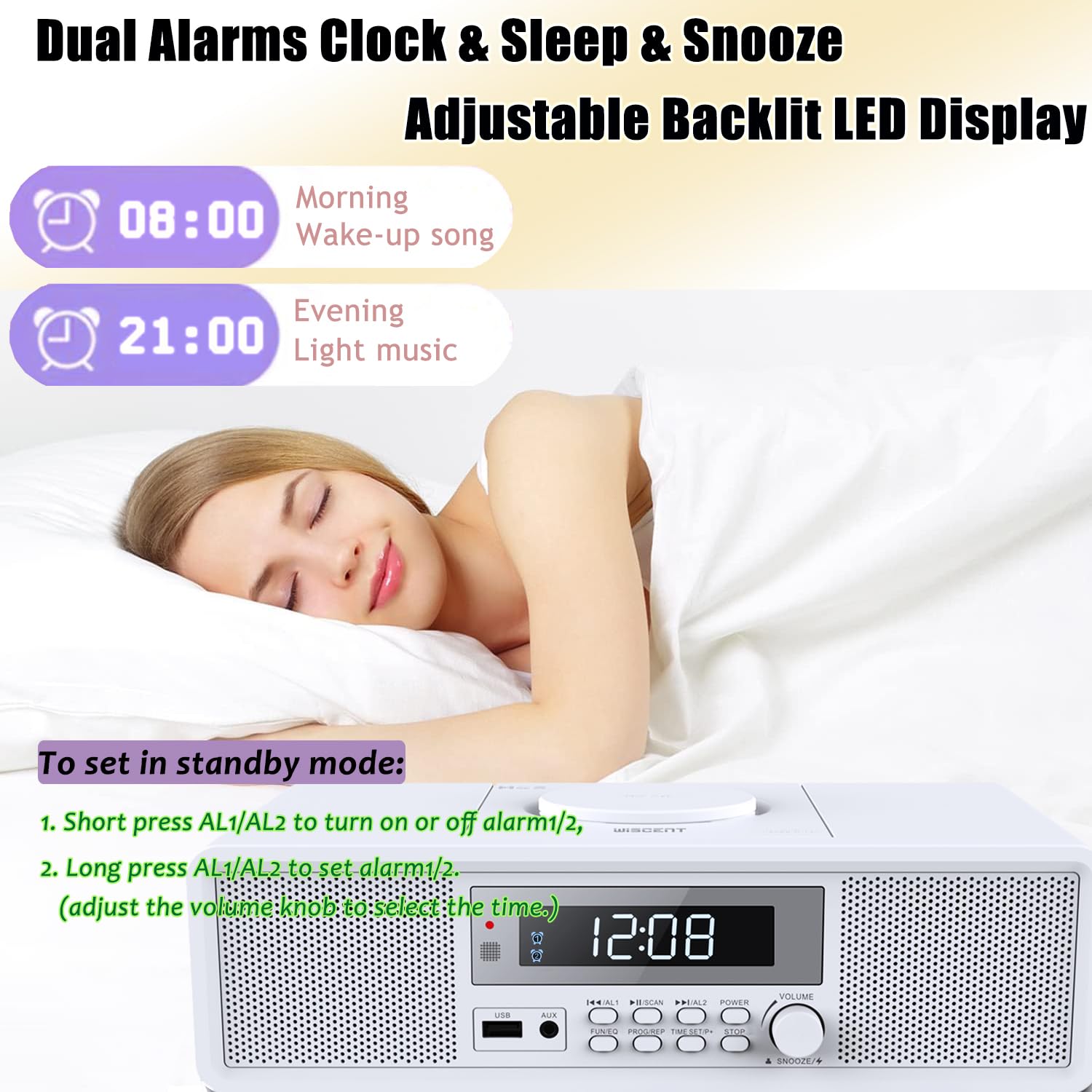 20W RMS Bluetooth Home Stereo System with CD Player, Dual Alarm Clock, FM Radio, USB & AUX Input - Compact Sound System for Bedroom, Office, and Living Room Entertainment