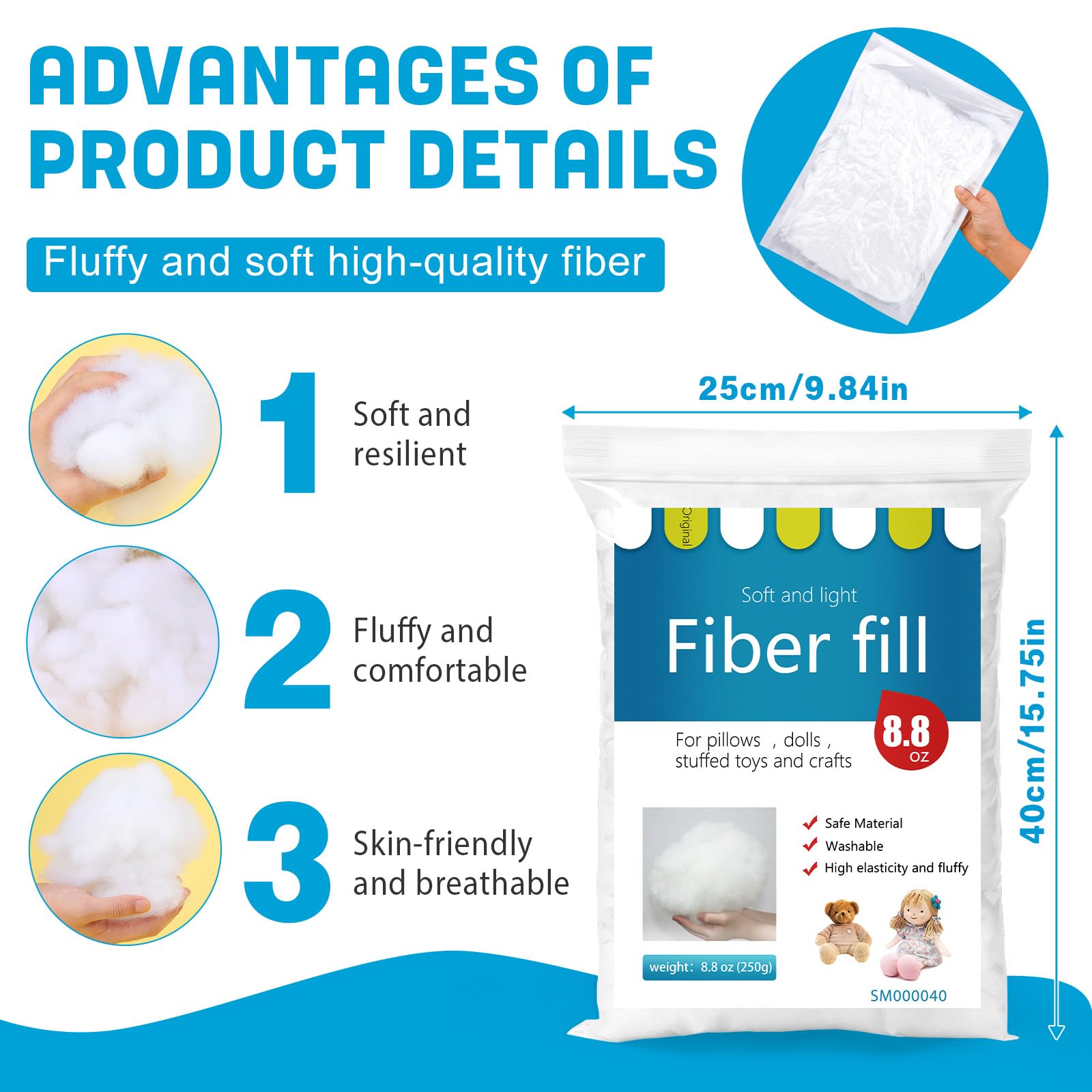 Premium Polyester Fiber Fill for DIY Projects - High Resilience Stuffing for Dolls, Pillows & Comforters - 250g/8.8oz Recyclable Fiber - Perfect for Crafting, Home Decor & Soft Toy Making