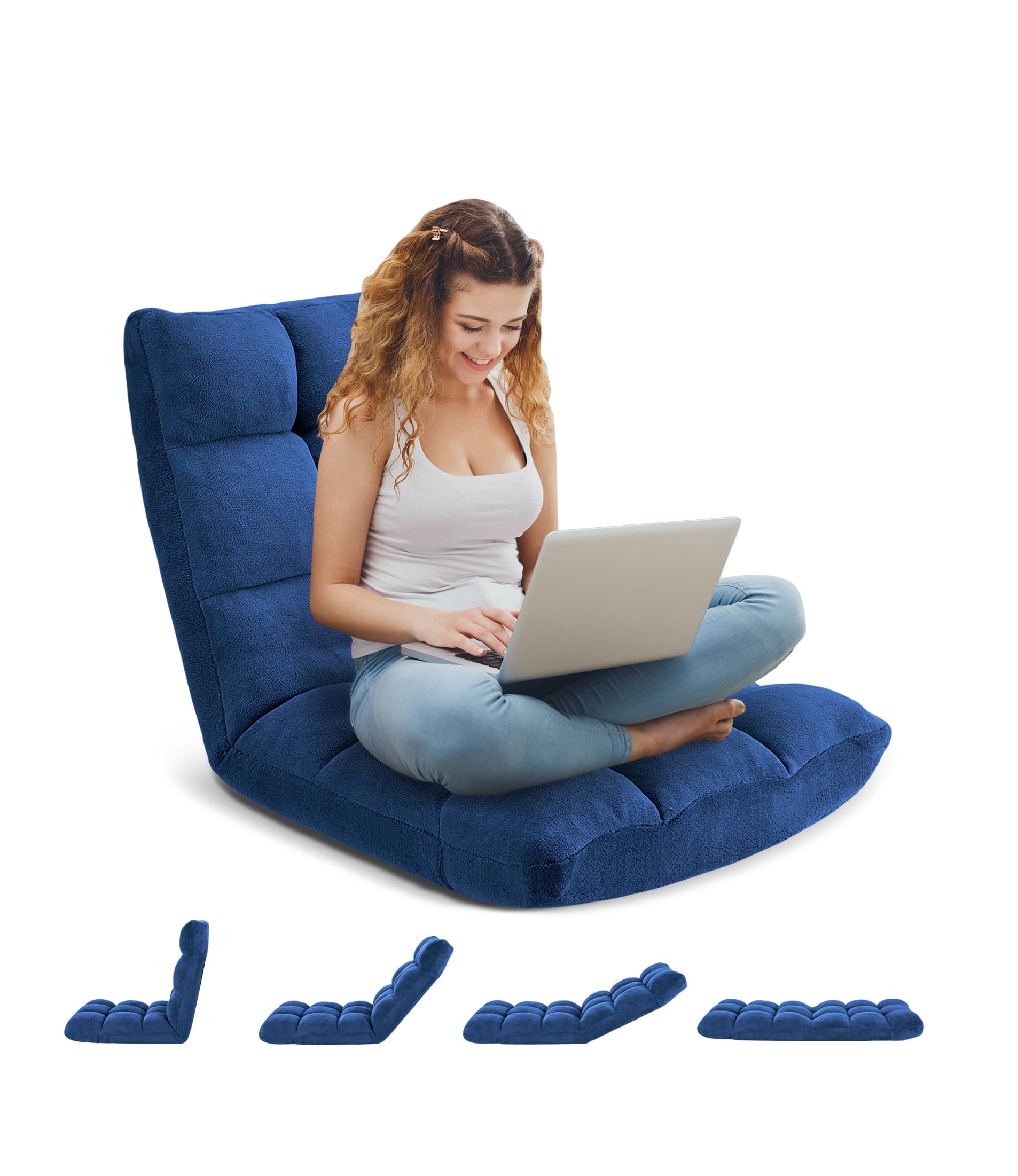 14-Position Adjustable Folding Floor Gaming Chair - Breathable Cotton & Skin-Friendly Velvet Cushioned Lazy Sofa for Adults & Kids - Perfect for Reading, Gaming, Meditating (Dark Blue) - Ideal for Home, Office, Dorm & Outdoor Use