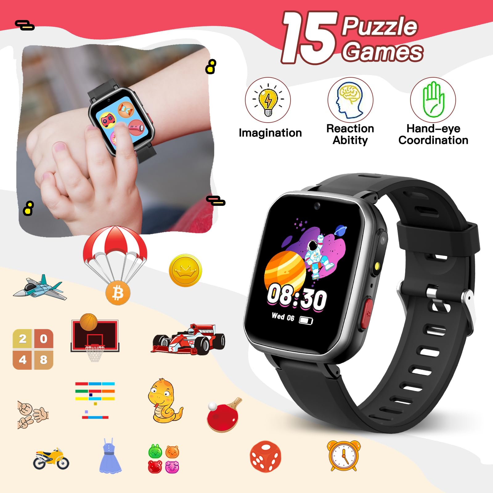 Kids Smart Watch for Boys & Girls Ages 6-12 - 15 Educational Games, Video Camera, Music Player, Pedometer & Flashlight | Learning Electronic Toy with Touch Screen | Perfect Birthday Gift for Kids (Black) - Ideal for School, Playtime & Outdoor Activities