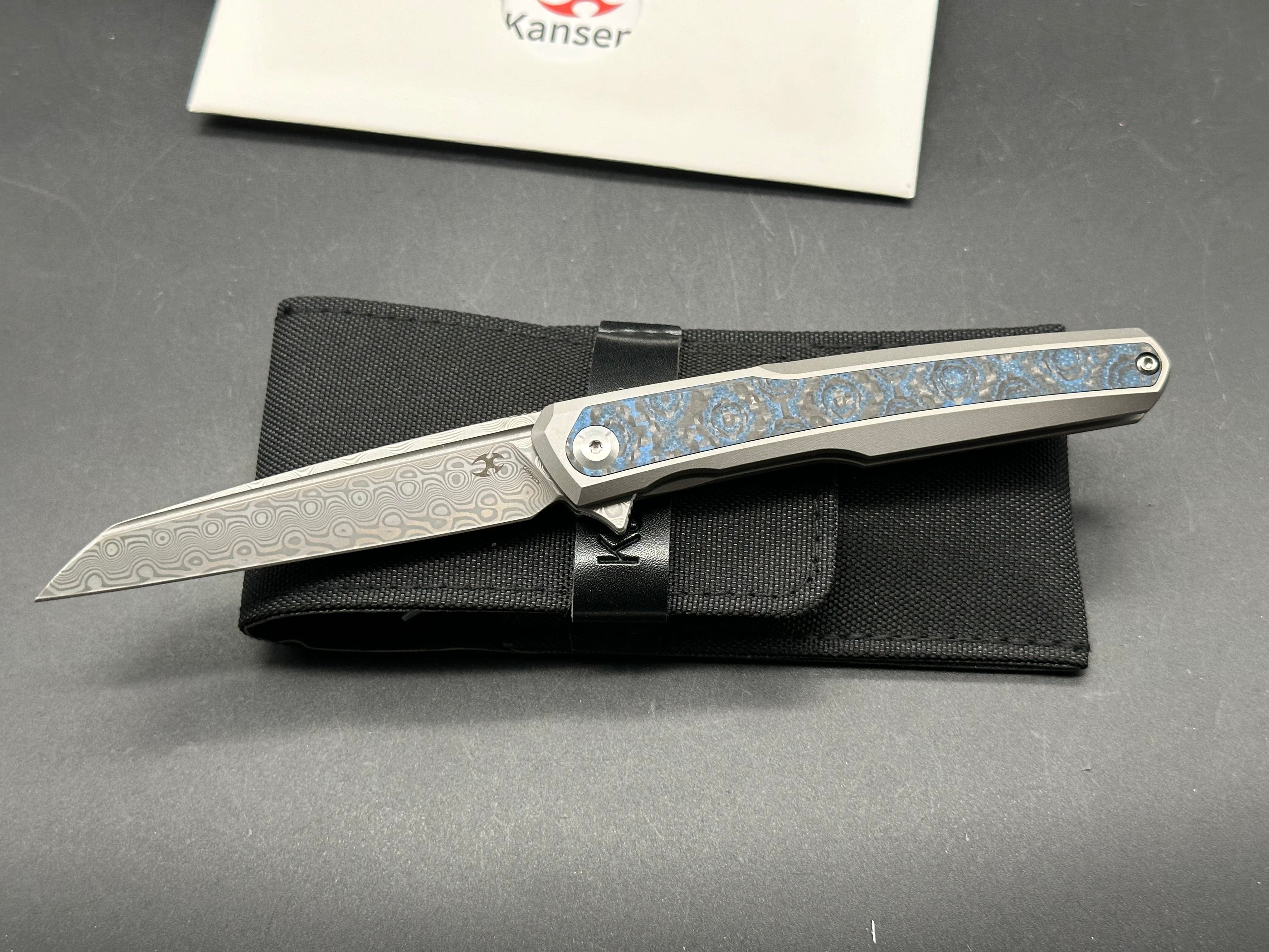 KANSEPT ARCUS Titanium Folding Knife with Blue Rose Carbon Fiber Handle & Damascus Blade - EDC, Camping, Hunting, Outdoor Survival Gear