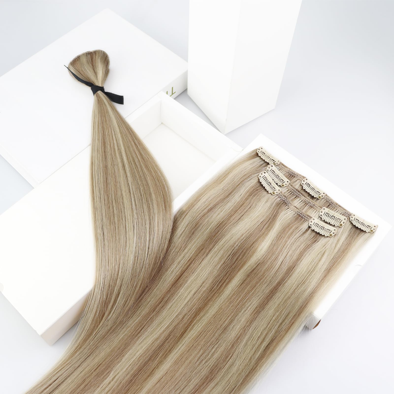 Ve Sunny Blonde Clip-in Human Hair Extensions - 14inch 100g Ash & Bleach Blonde Highlights with Pink Blonde Tips | Perfect for Short Hair Styling, Parties & Daily Wear