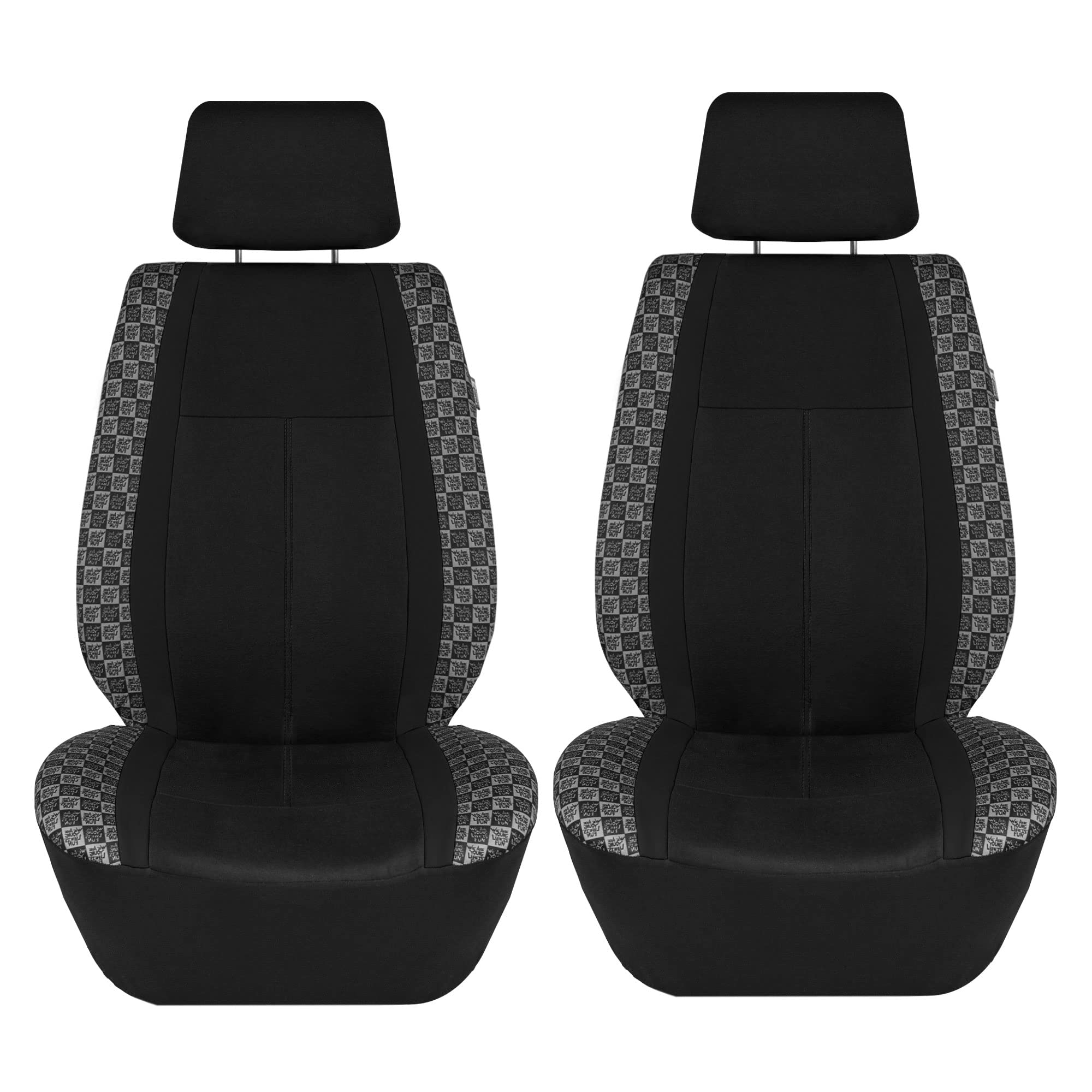 We Are Young Life is Fun™ Universal Fit Checker Car Seat Covers Set - Black Interior Accessories with Steering Wheel Cover & Seat Belt Pads | Compatible with Airbag & Split Rear Seats | Perfect for Road Trips, Daily Commutes & Family Cars