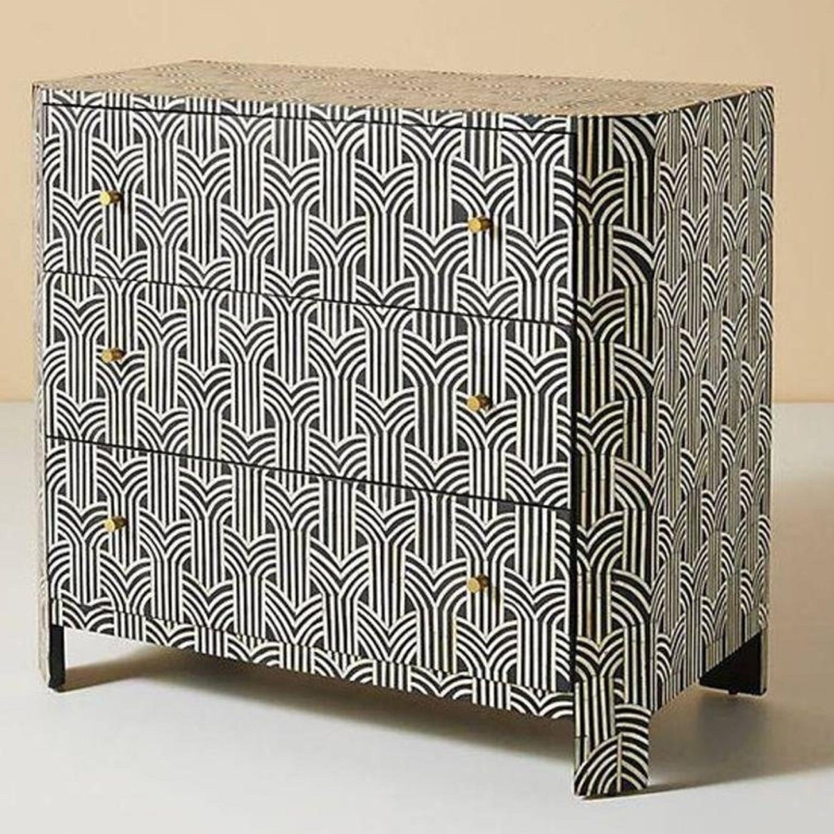 Handmade Black Chevron Pattern Bone Inlay 3-Drawer Chest - Vintage Boho Decor for Bedroom, Living Room & Entryway Storage