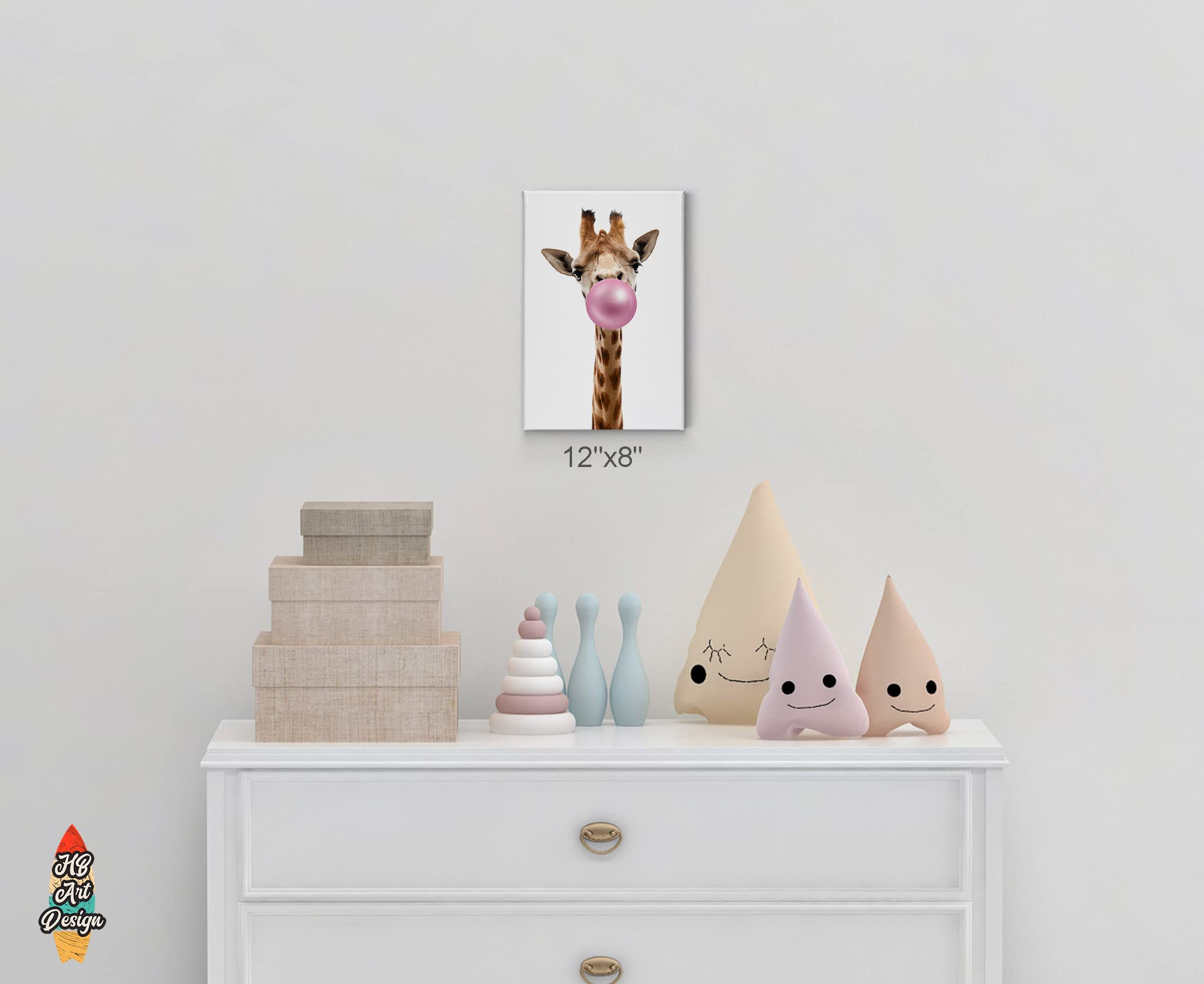 HB Art Design Giraffe Chewing Pink Bubble Gum Pop Art Animal Canvas Wall Art Print - African Safari Wildlife Decor for Living Room, Office, Nursery (36x24) - Perfect for Kids Bedroom & Modern Home Decor