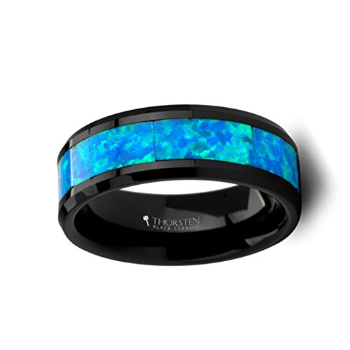 Blue & Green Opal Inlaid Black Ceramic Ring - 8mm Wide Wedding Band for Men & Women - Perfect for Engagement, Anniversary, and Everyday Wear