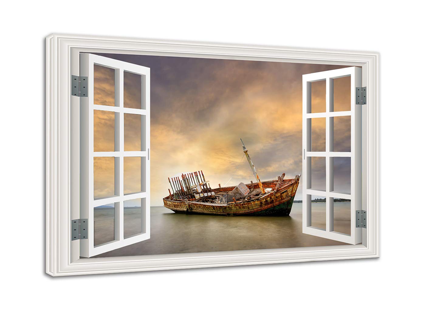 Urttiiyy Framed Canvas Wall Art - Abandoned Fishing Boat Beach Sunset Seascape Landscape Painting, Stretched & Ready to Hang - Coastal Home Decor for Living Room, Bedroom, Office (16x24 Inches) | Perfect for Beach House, Nautical Theme or Coastal Inspired Interior Design