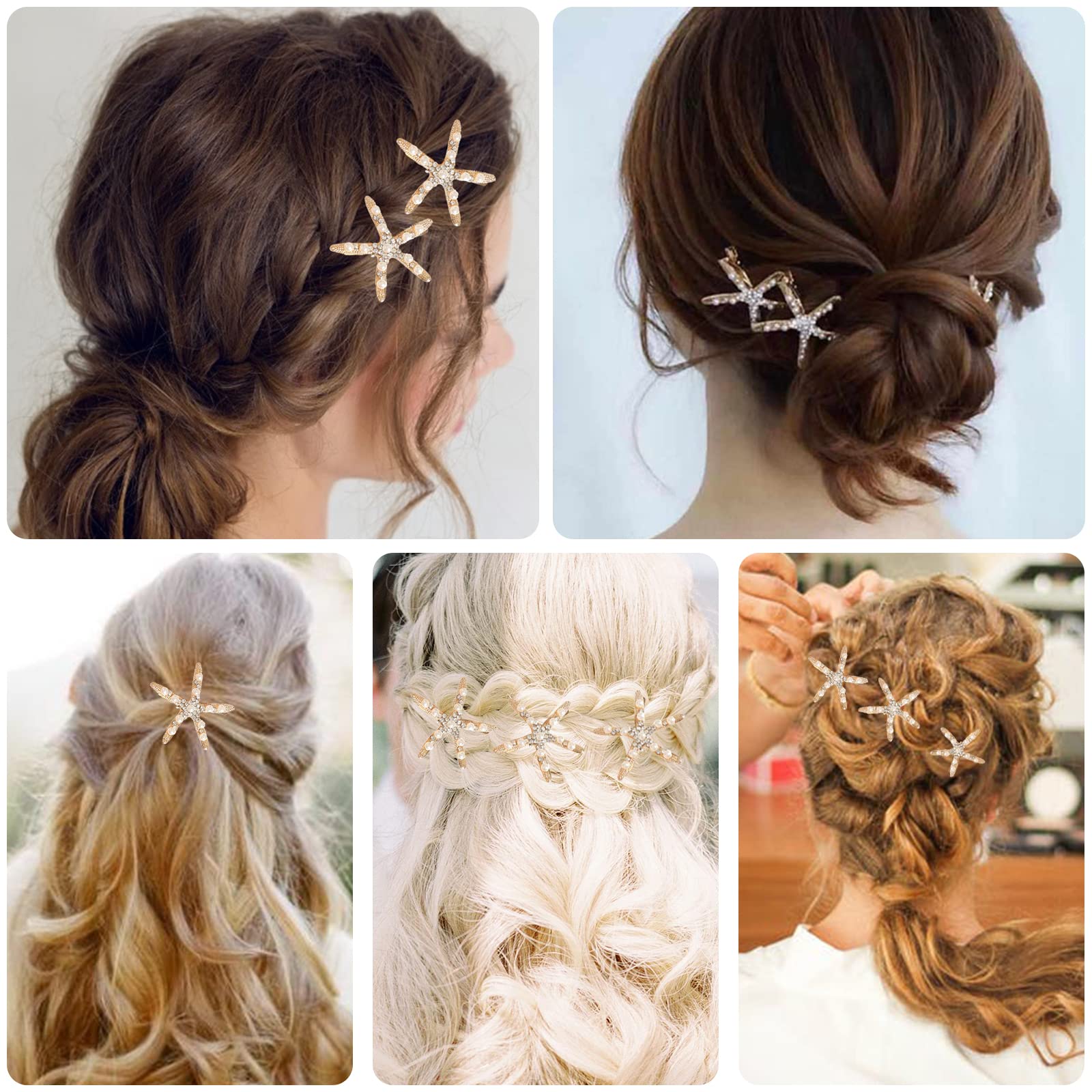 5 PCS Starfish Hair Clips with Pearl Rhinestones - Non-Slip Hair Barrettes for Women, Girls & Brides - Perfect for Weddings, Beach Parties & Everyday Styling