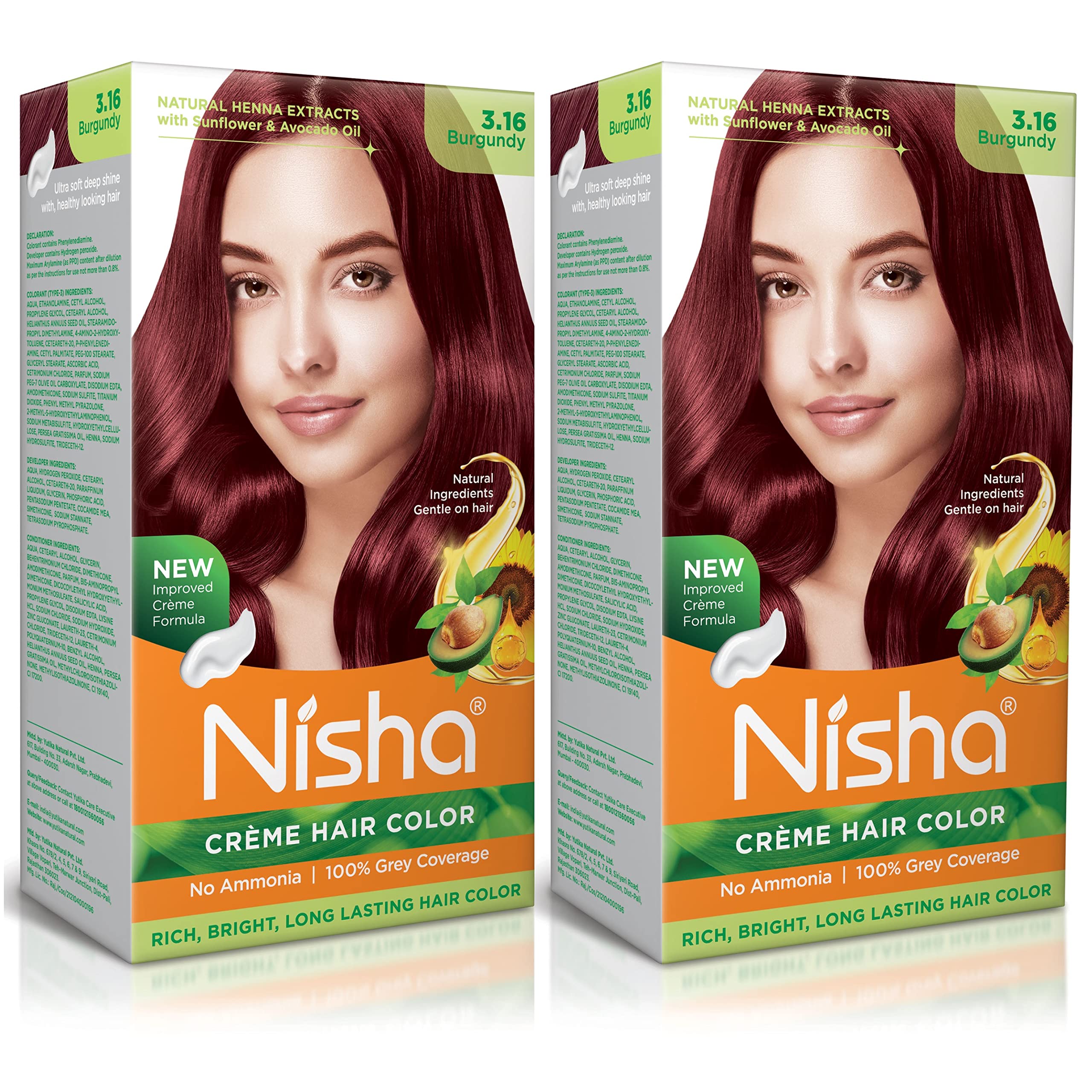 Nisha Cream Hair Color - Ammonia-Free Formula (120ml, Pack of 2) - Burgundy 3.16 for Rich, Bright & Long-Lasting Shine | Gentle Smooth Care for All Hair Types | Perfect for Home Use, Salon-Quality Results & Special Occasions