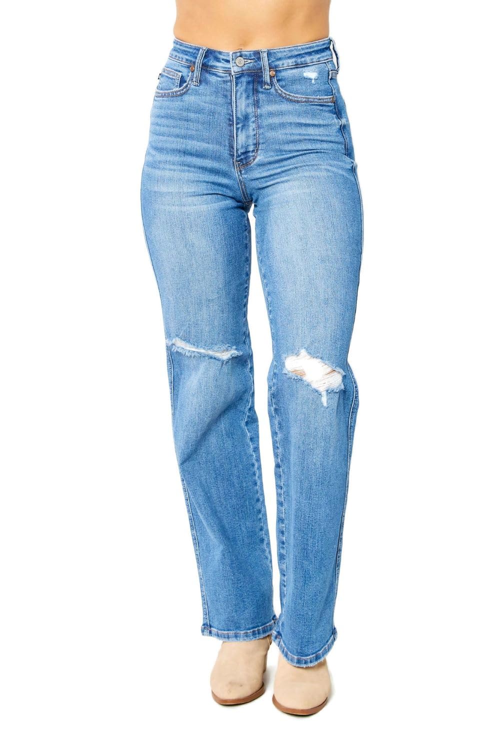 Judy Blue Women's High Rise Tummy Control Straight Leg Jeans - 5 Pocket Stretch Denim Pants for Comfort & Style | Perfect for Work, Casual Wear & Everyday Outfits