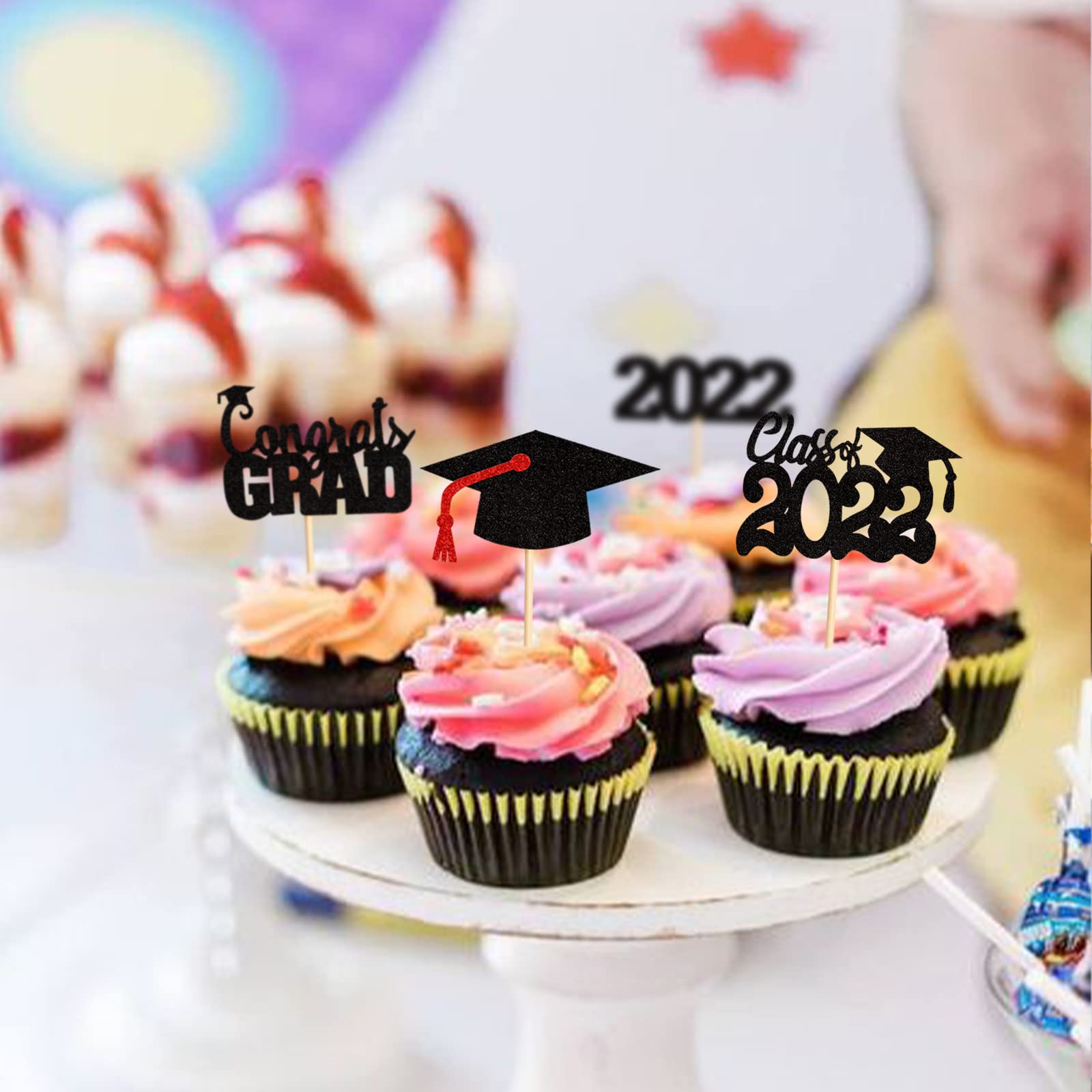 24 Pack 2022 Graduation Cupcake Toppers - Class of 2022 Congrats Grad Cake Decorations - Black Graduation Theme Party Supplies for Cupcakes, Cakes & Desserts - Perfect for Graduation Parties, School Celebrations & DIY Decor