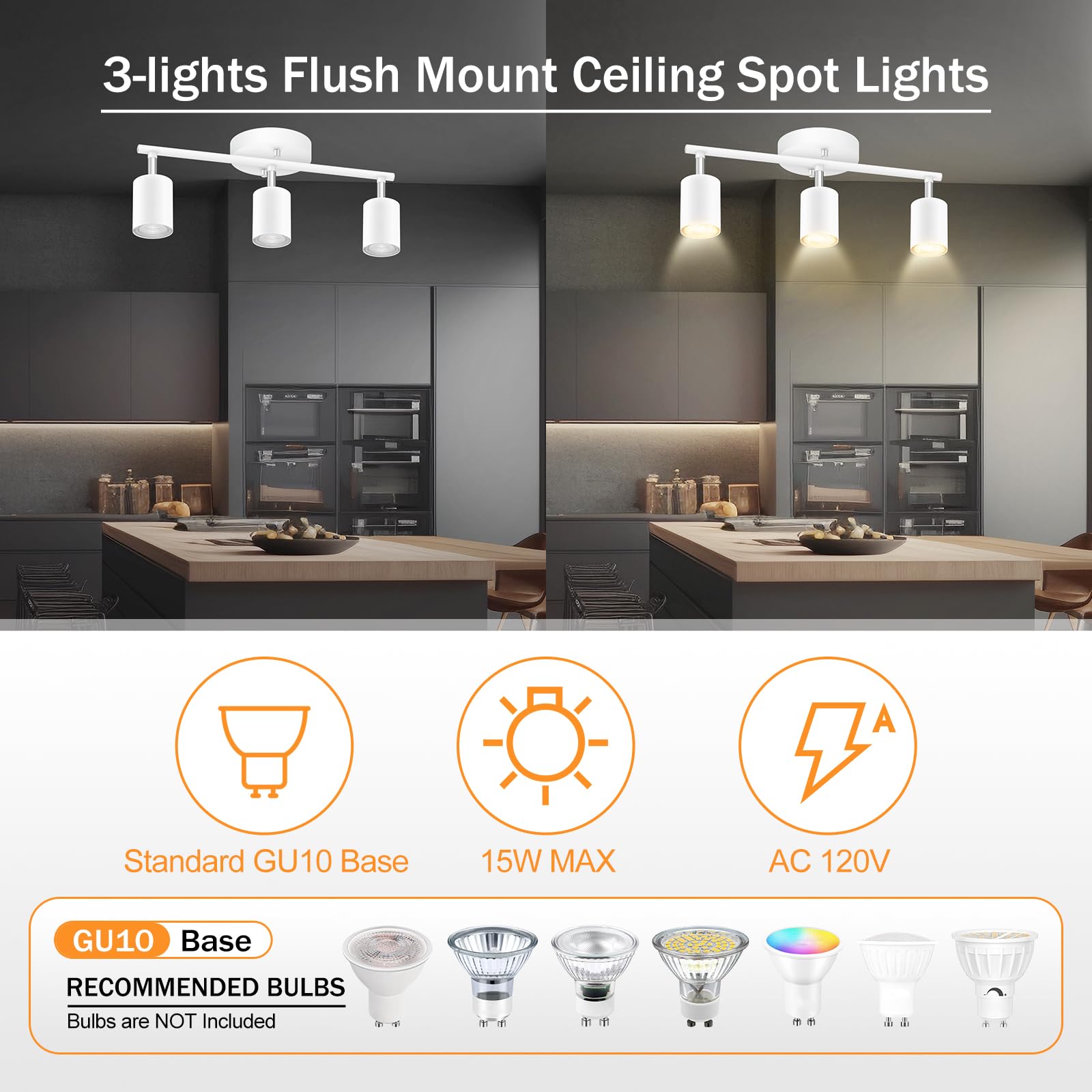 Modern White 3-Light LED Track Lighting Kit - Adjustable Rotating Spotlight Heads for Kitchen, Cabinet, Gallery, Bar & Living Room | Energy Efficient Industrial Ceiling Light Fixture for Home & Commercial Spaces
