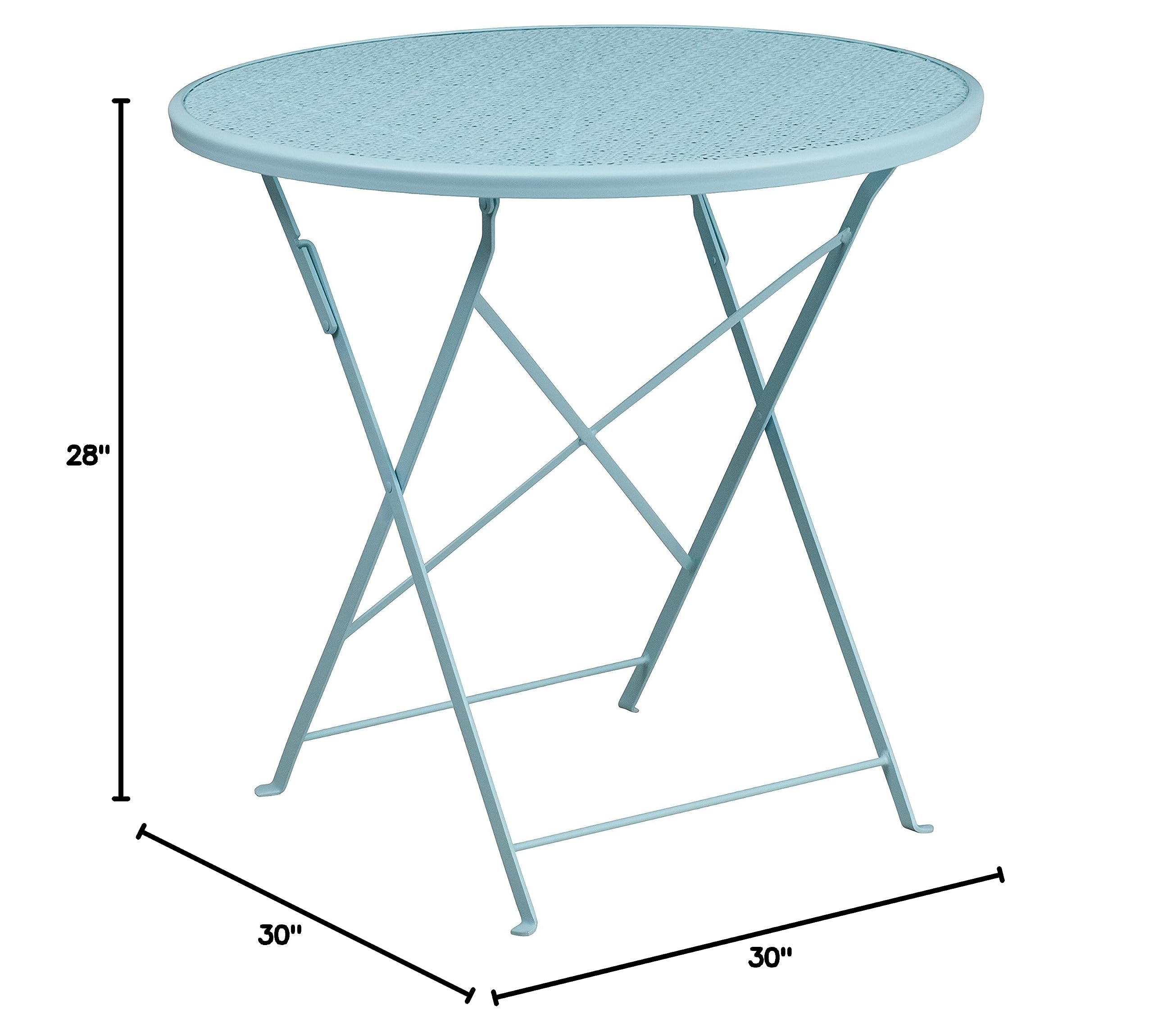 EMMA + OLIVER 30 Inch Round Commercial Grade Folding Patio Table - Indoor Outdoor Use, Sky Blue Steel Frame - Perfect for Backyard, Garden, Poolside & Restaurant Dining
