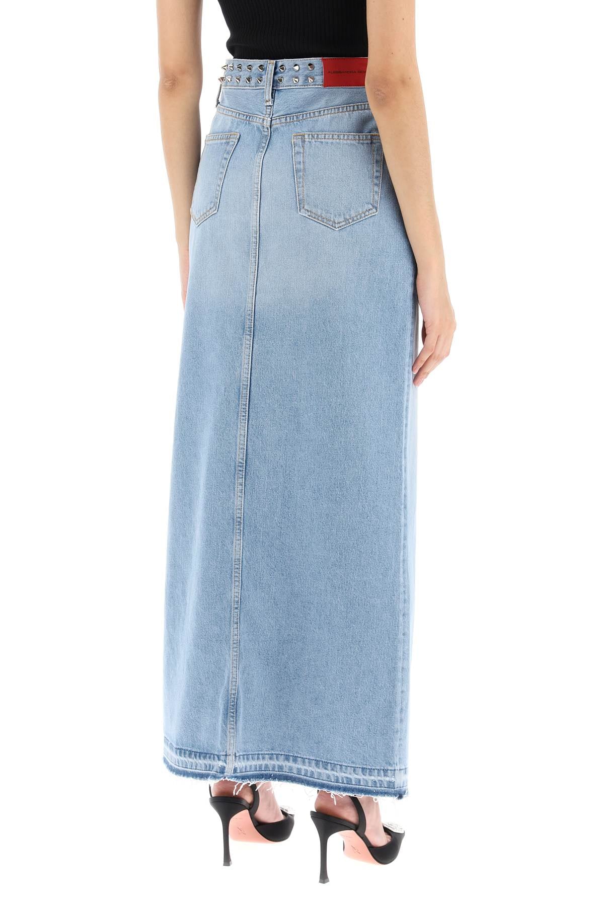 Alessandra Rich Long Denim Skirt with Studs - Women's High Waisted Distressed Jeans Skirt for Casual Outfits & Streetwear Fashion