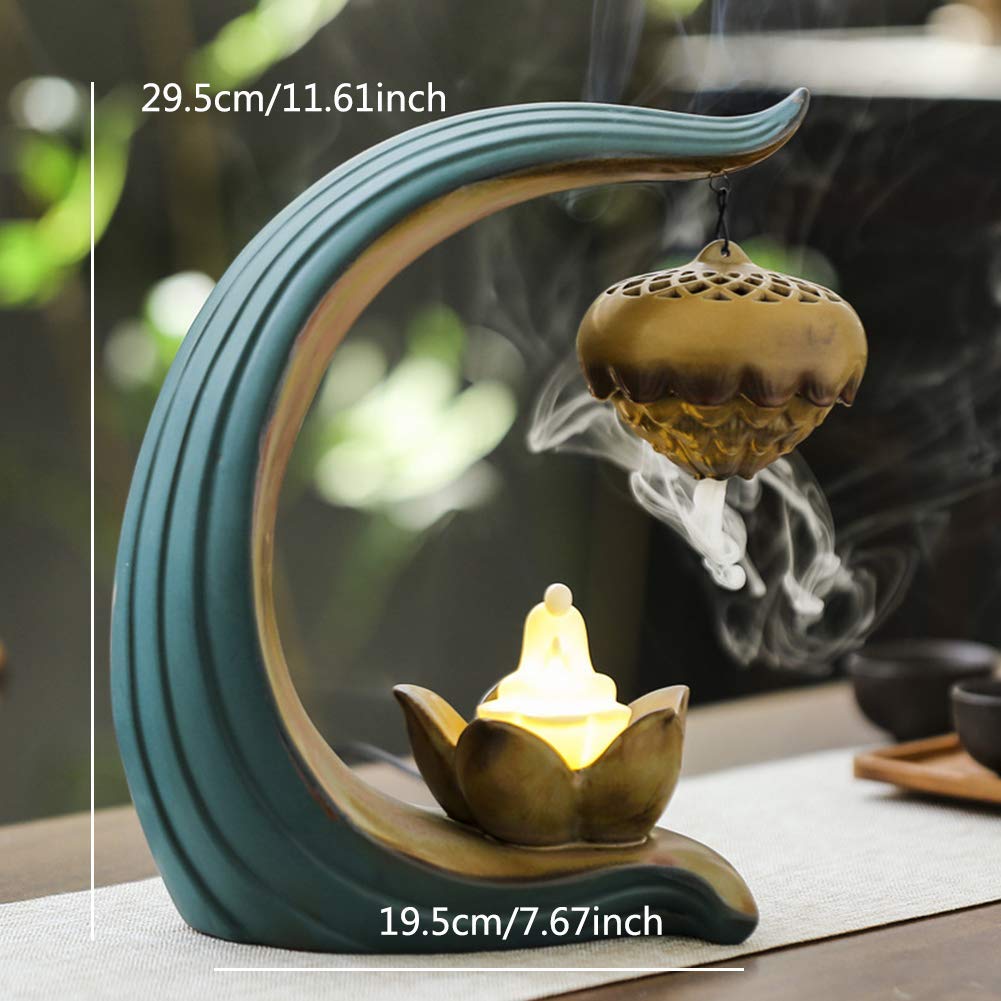 Ceramic Buddha Backflow Incense Holder with LED Night Light & Lotus Pendant - Aromatherapy Diffuser for Meditation, Yoga, Home Decor and Spiritual Relaxation