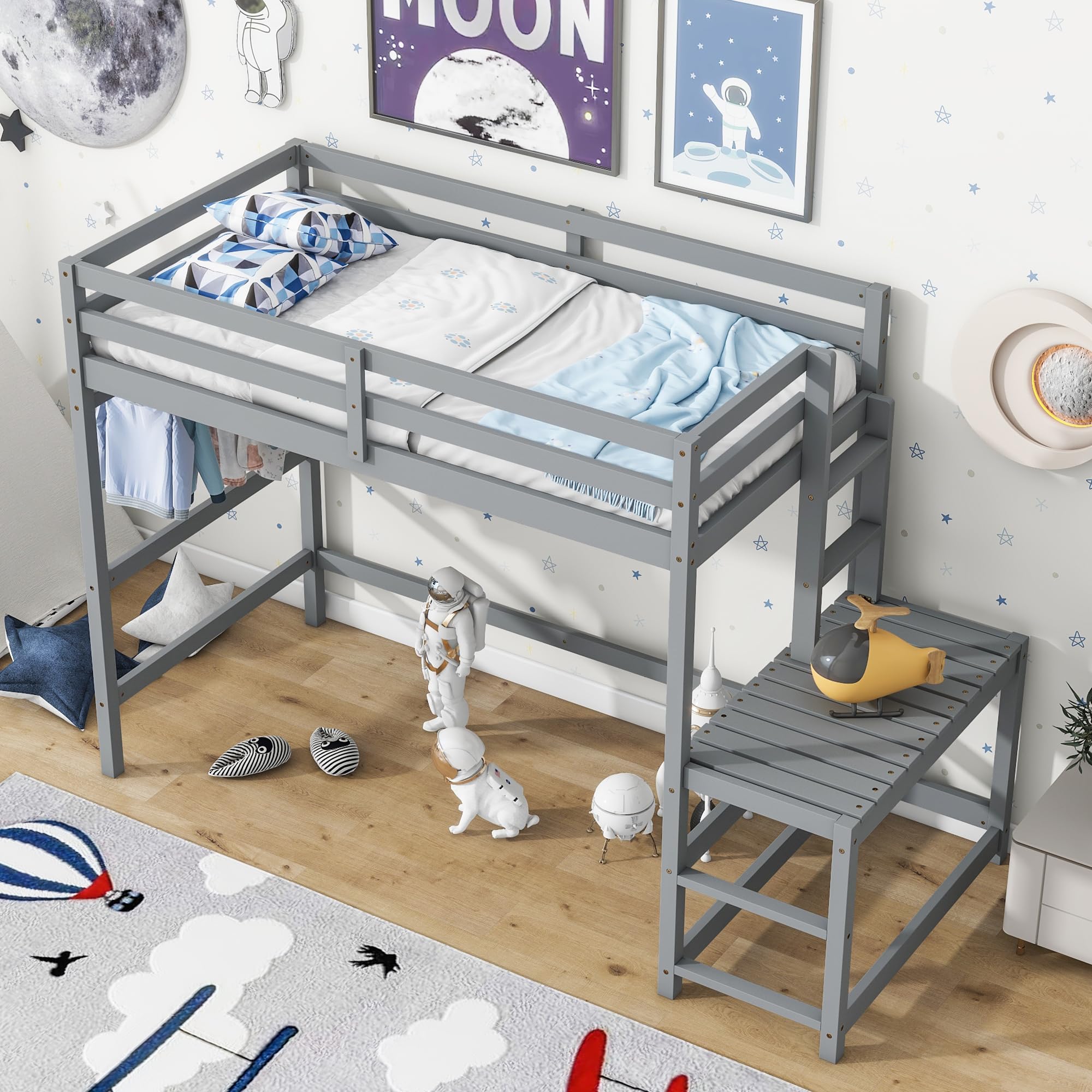**Twin Size Wooden Loft Bed with Ladder, Guardrails & Landing Platform – Space-Saving High Loft Bed with Slats Support & Under-Bed Storage – No Box Spring Needed (Gray) – Perfect for Kids, Teens & Small Bedrooms**